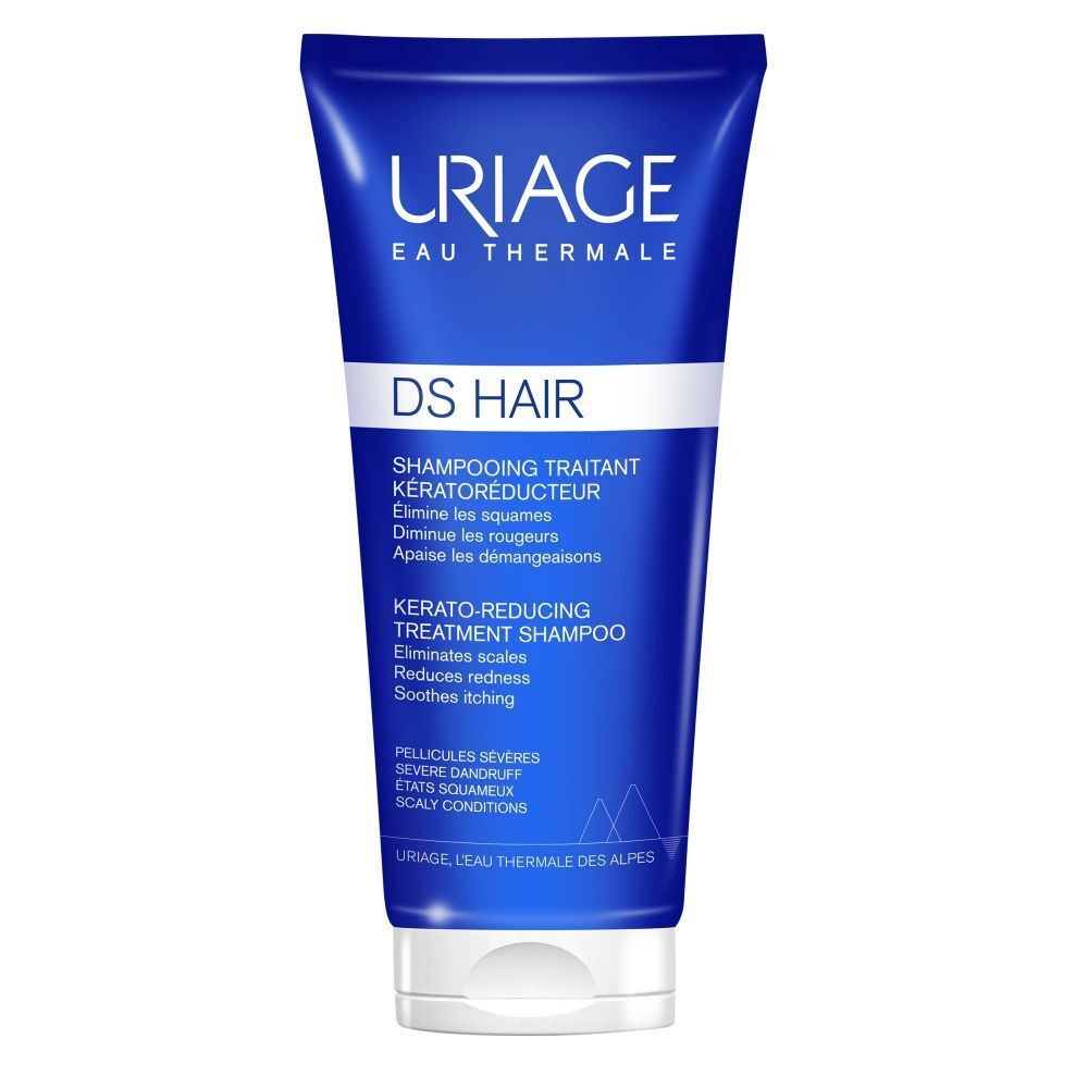 Tube bleu avec bouchon blanc. Inscription: Uriage, DS HAIR, Shampooing Traitant Kératoréducteur.