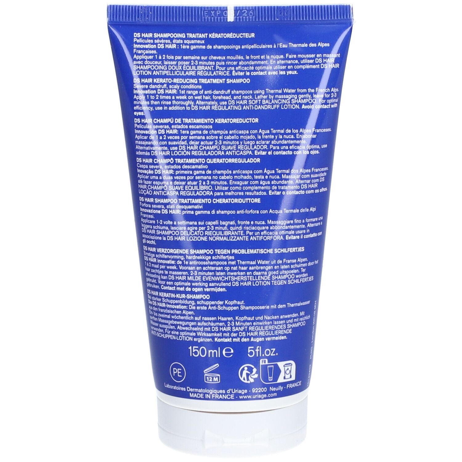 Dos du tube bleu. Texte multilingue. Contenance: 150ml, 5 fl.oz.