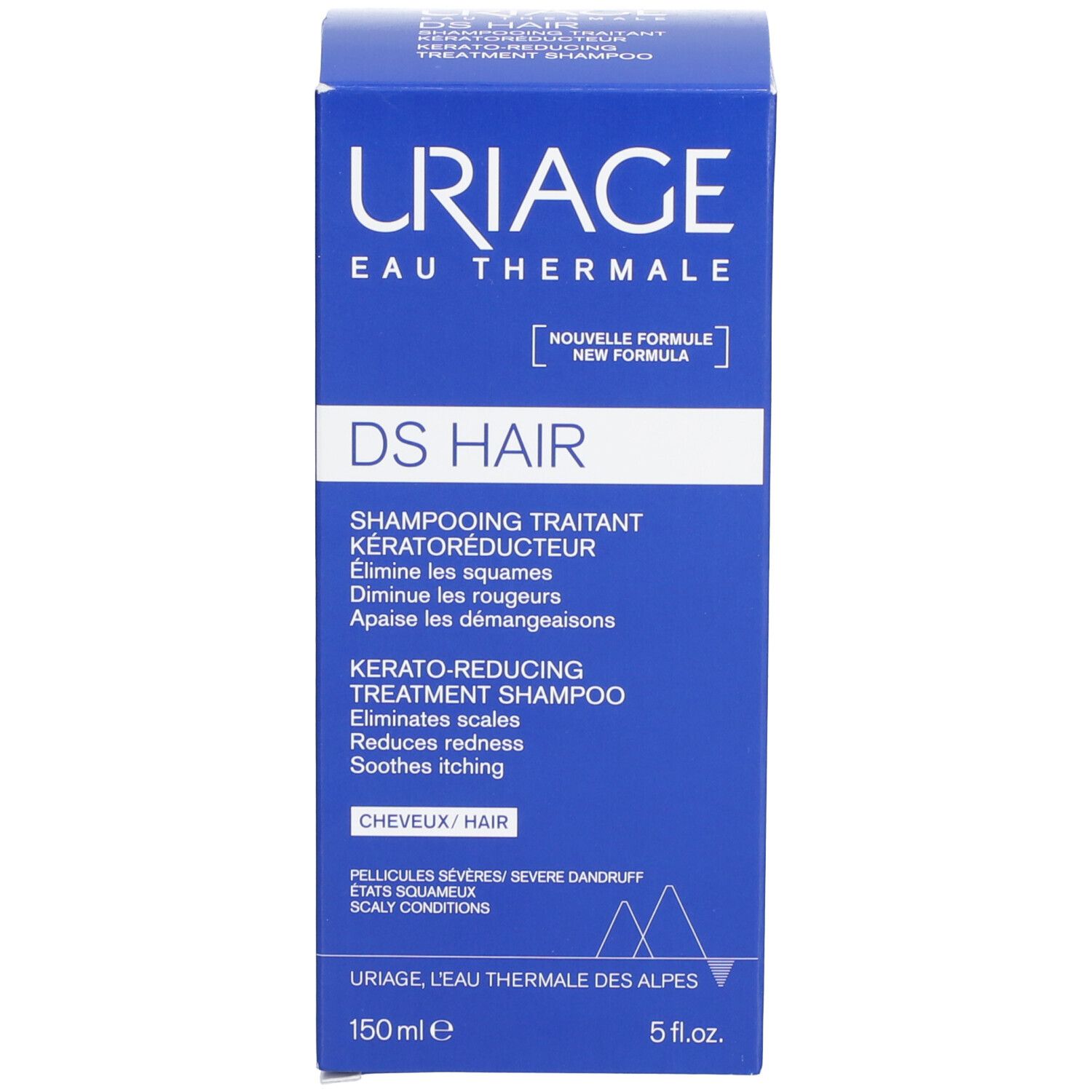 Boîte bleue. Inscription: Uriage, DS HAIR, Shampooing Traitant Kératoréducteur. Texte multilingue.