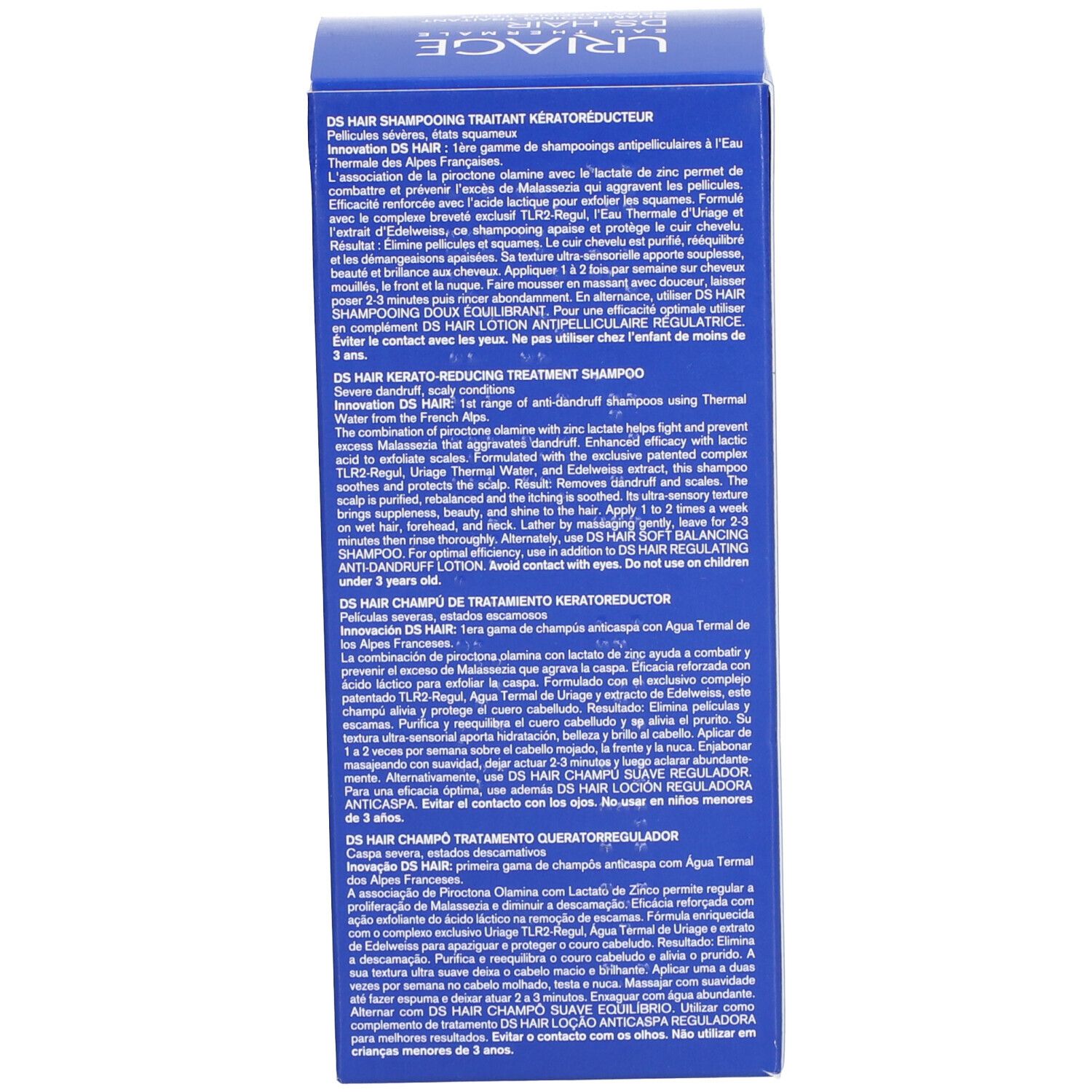 Boîte bleue. Texte sur DS Hair Shampooing Traitant Kératoréducteur. Plusieurs langues.