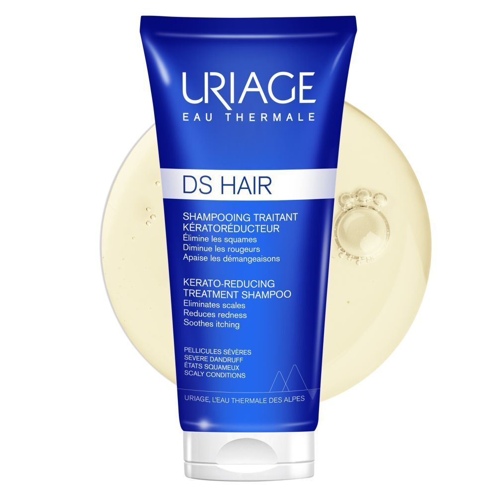 Tube bleu avec bouchon blanc. Inscription: Uriage, DS HAIR, Shampooing Traitant Kératoréducteur.