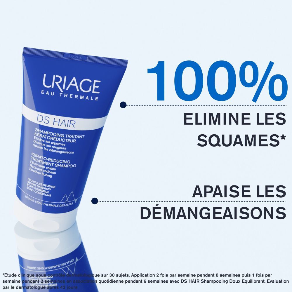 Tube bleu. Texte: 100% Elimine les squames, Apaise les démangeaisons.