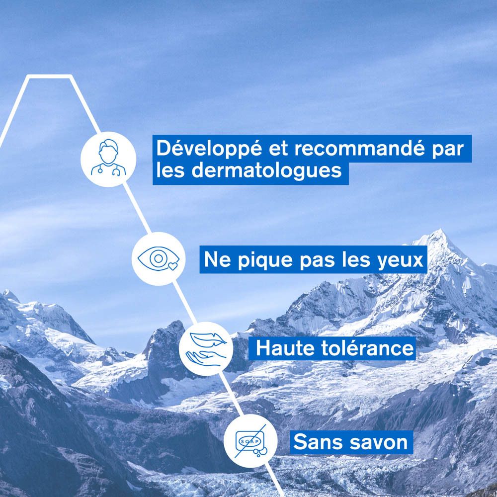 Graphique avec texte: Développé et recommandé par les dermatologues, Ne pique pas les yeux, Haute tolérance, Sans savon.