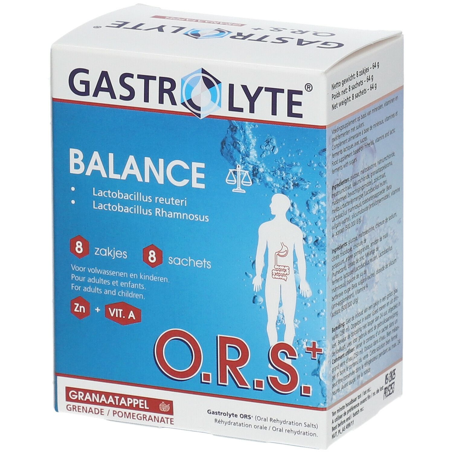 Boîte de Gastrolyte O.R.S.+ Balance, 8 sachets. Contient Lactobacillus reuteri, Lactobacillus Rhamnosus, zinc et vitamine A.