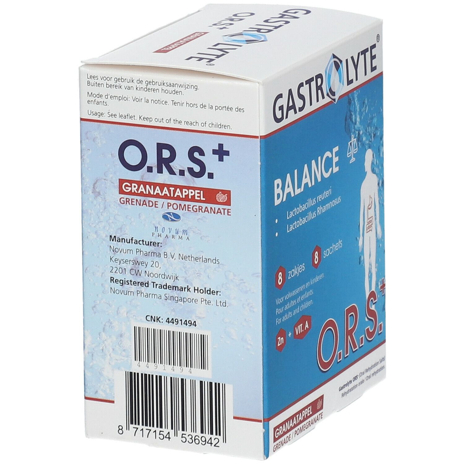 Dos de l'emballage Gastrolyte O.R.S.+ Balance. Contient des informations sur le fabricant, les ingrédients et le code-barres.