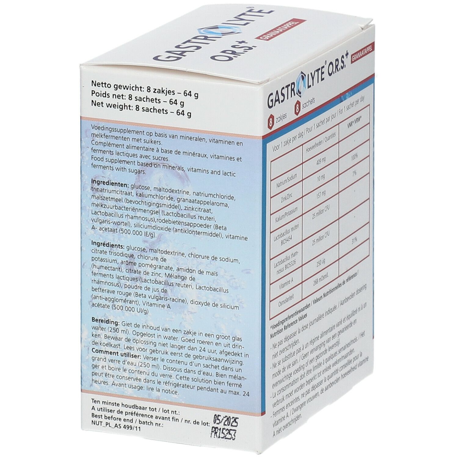 Côté de l'emballage Gastrolyte O.R.S.+ Balance avec ingrédients et instructions d'utilisation. Contient des informations sur la préparation.