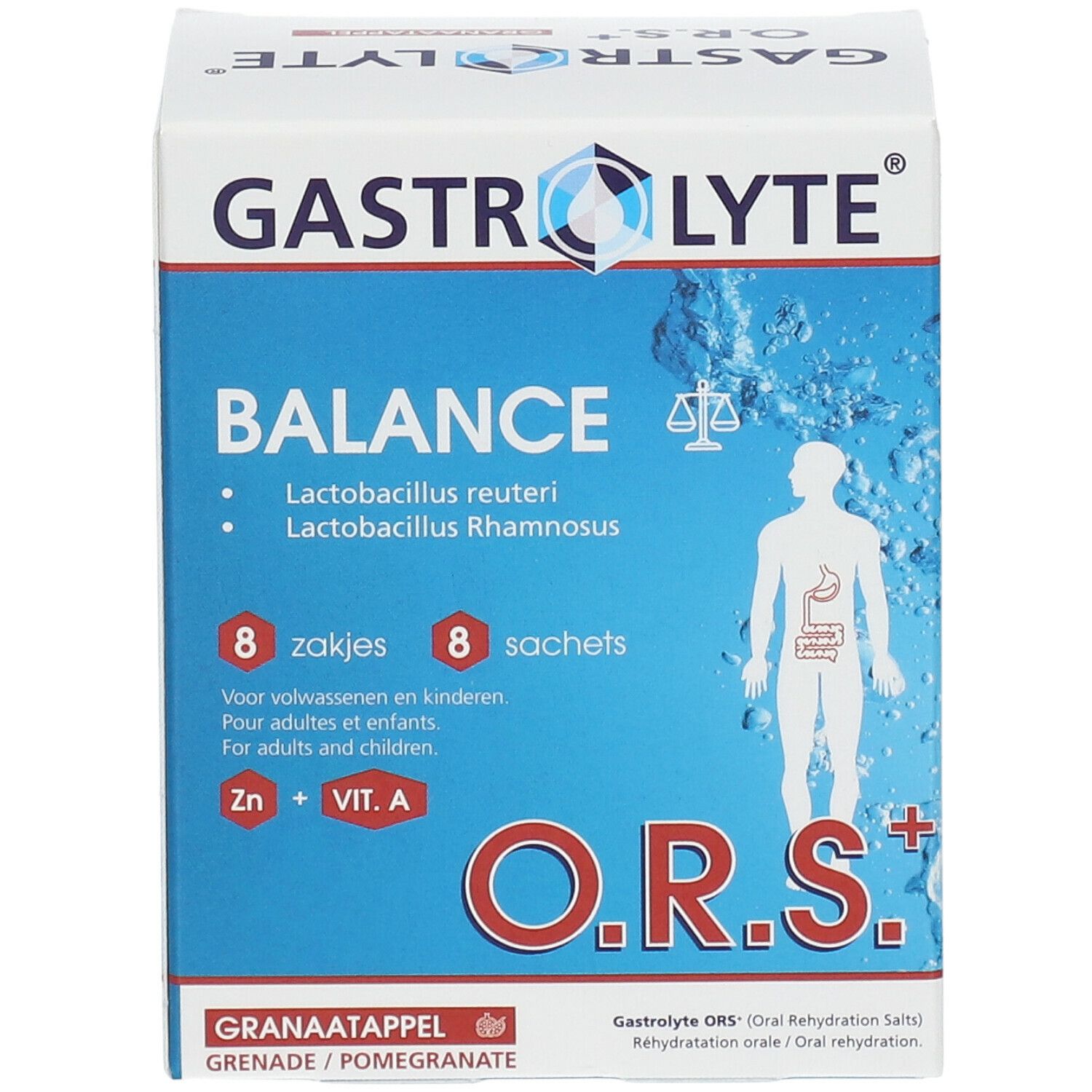 Emballage Gastrolyte O.R.S.+ Balance, 8 sachets. Contient Lactobacillus reuteri, Lactobacillus Rhamnosus, zinc et vitamine A.