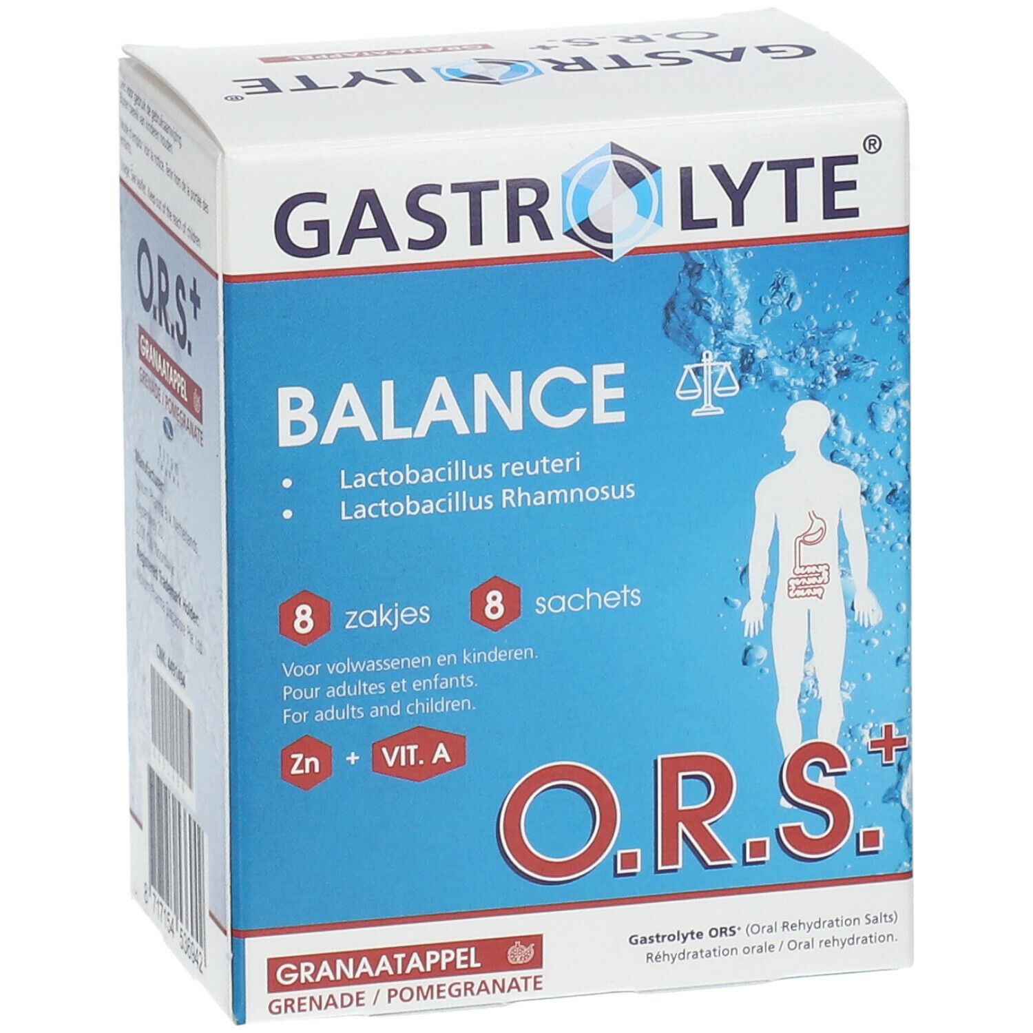 Emballage Gastrolyte O.R.S.+ Balance, 8 sachets. Contient Lactobacillus reuteri, Lactobacillus Rhamnosus, zinc et vitamine A.