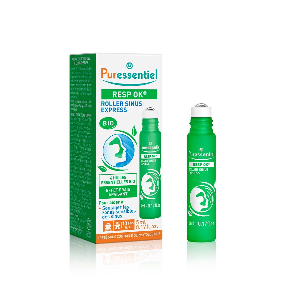 Roll-on vert et blanc avec emballage. Inscription: RESP OK Roller Sinus Express. BIO. 5ml.