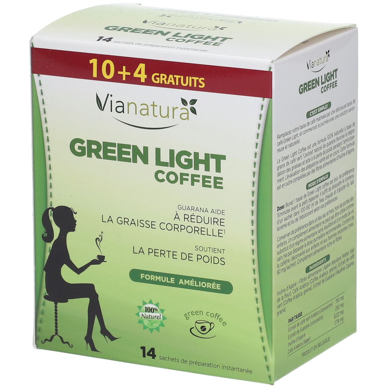 Boîte de Vianatura Green Light Coffee. Inscription: 10+4 gratuits. Contient 14 sachets. Silhouette d'une femme avec une tasse. Texte: La graisse corporelle.