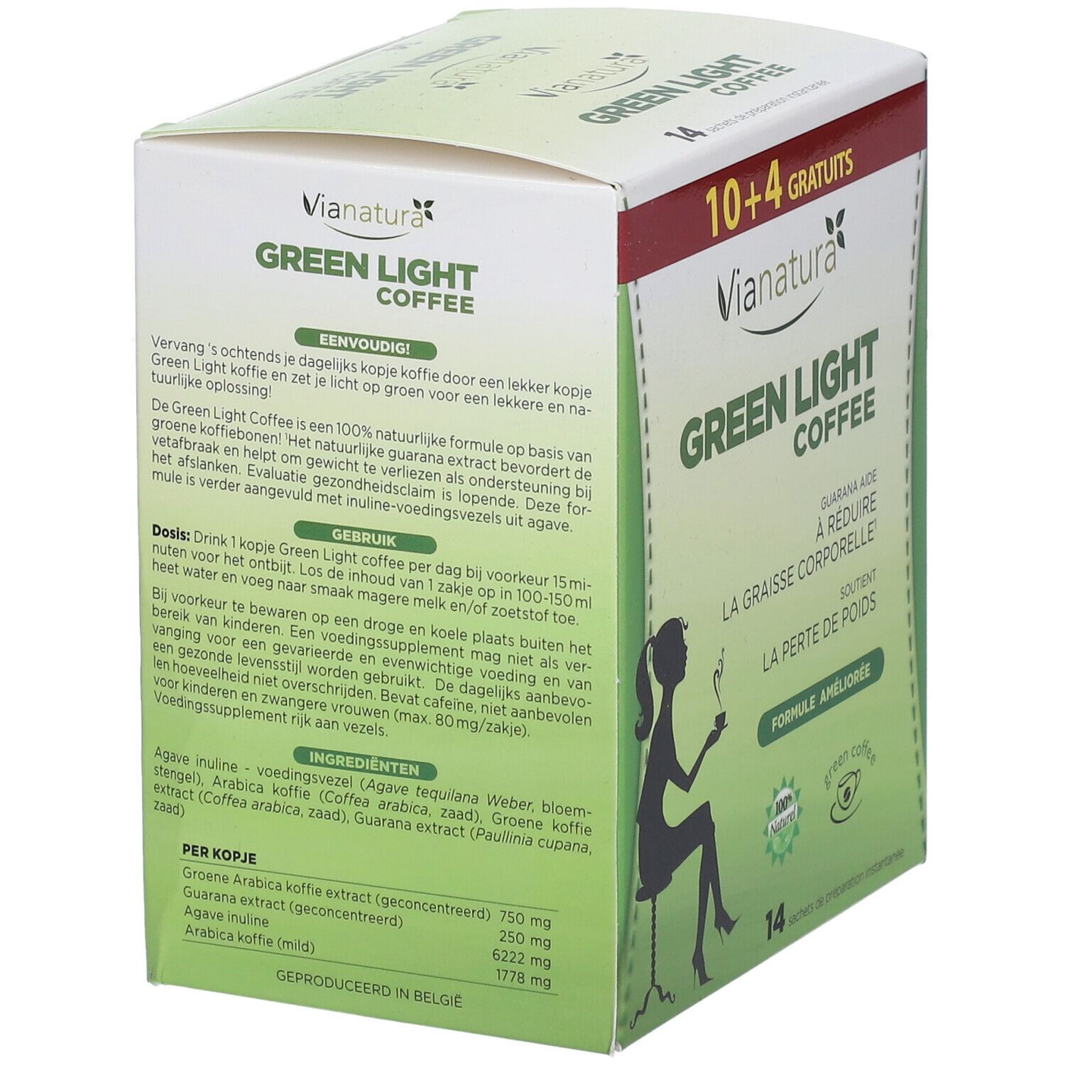 Boîte de Vianatura Green Light Coffee. Inscription: 10+4 gratuits. Contient 14 sachets. Silhouette d'une femme avec une tasse. Texte: La graisse corporelle.