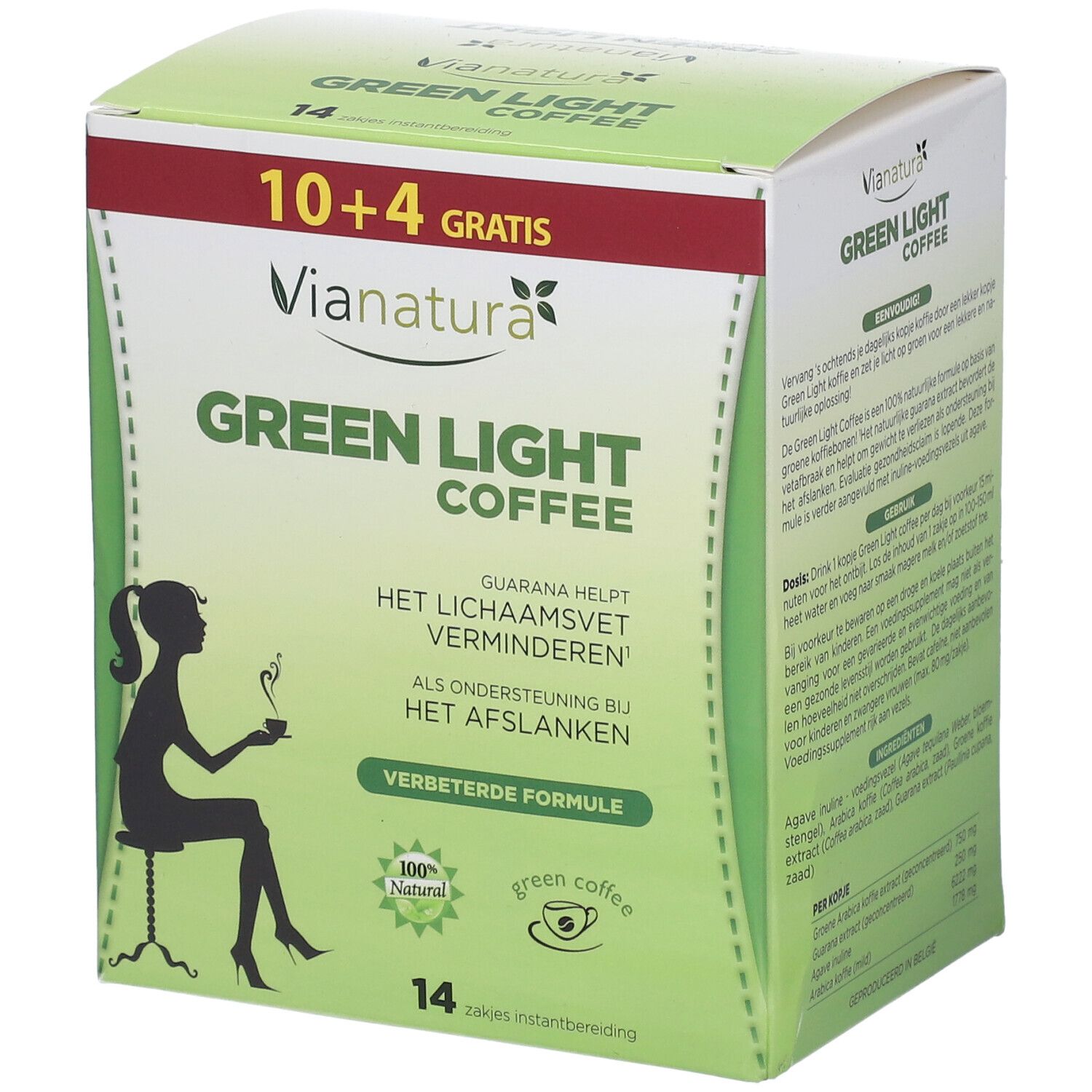 Boîte de Vianatura Green Light Coffee. Inscription: 10+4 gratuits. Contient 14 sachets. Silhouette d'une femme avec une tasse. Texte: Het lichaamsvet verminderen.