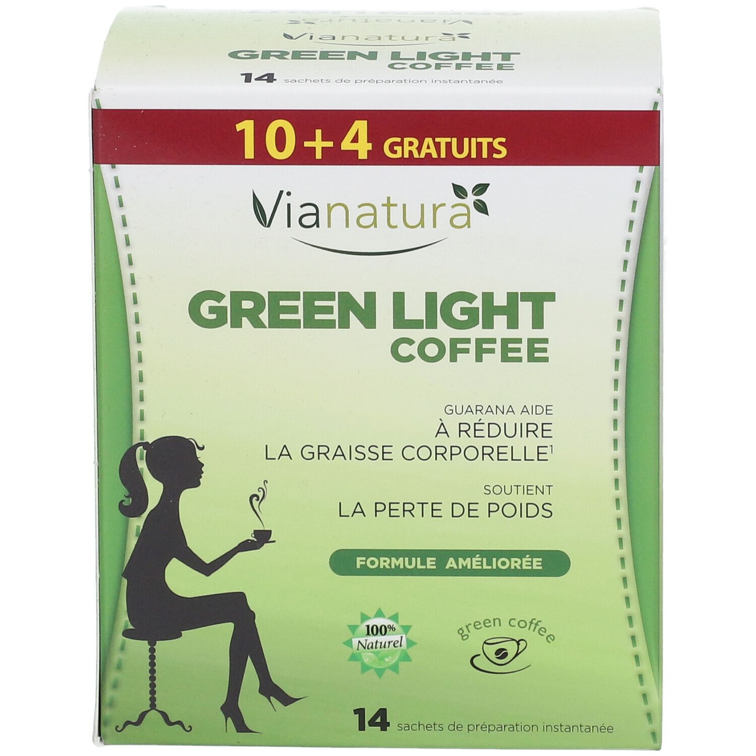 Boîte de Vianatura Green Light Coffee. Inscription: 10+4 gratuits. Contient 14 sachets. Silhouette d'une femme avec une tasse. Texte: La graisse corporelle.