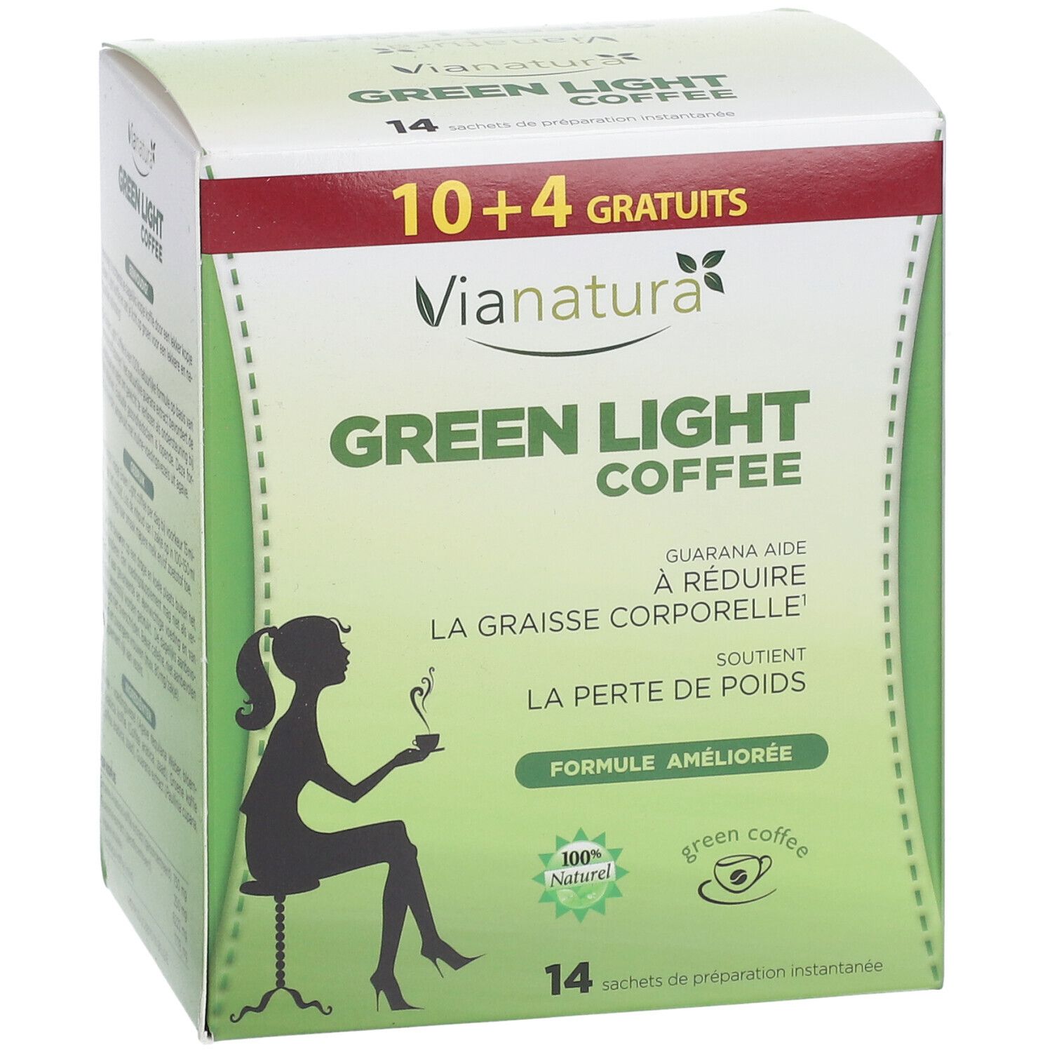 Boîte de Vianatura Green Light Coffee. Inscription: 10+4 gratuits. Contient 14 sachets. Silhouette d'une femme avec une tasse. Texte: La graisse corporelle.