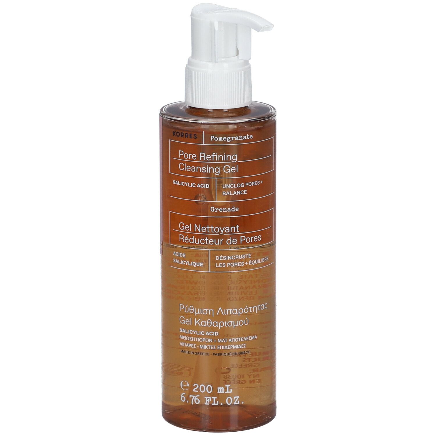 Bruine fles met witte pomp. Opschrift: Pore Refining Cleansing Gel, Grenade, Gel Nettoyant Réducteur de Pores.