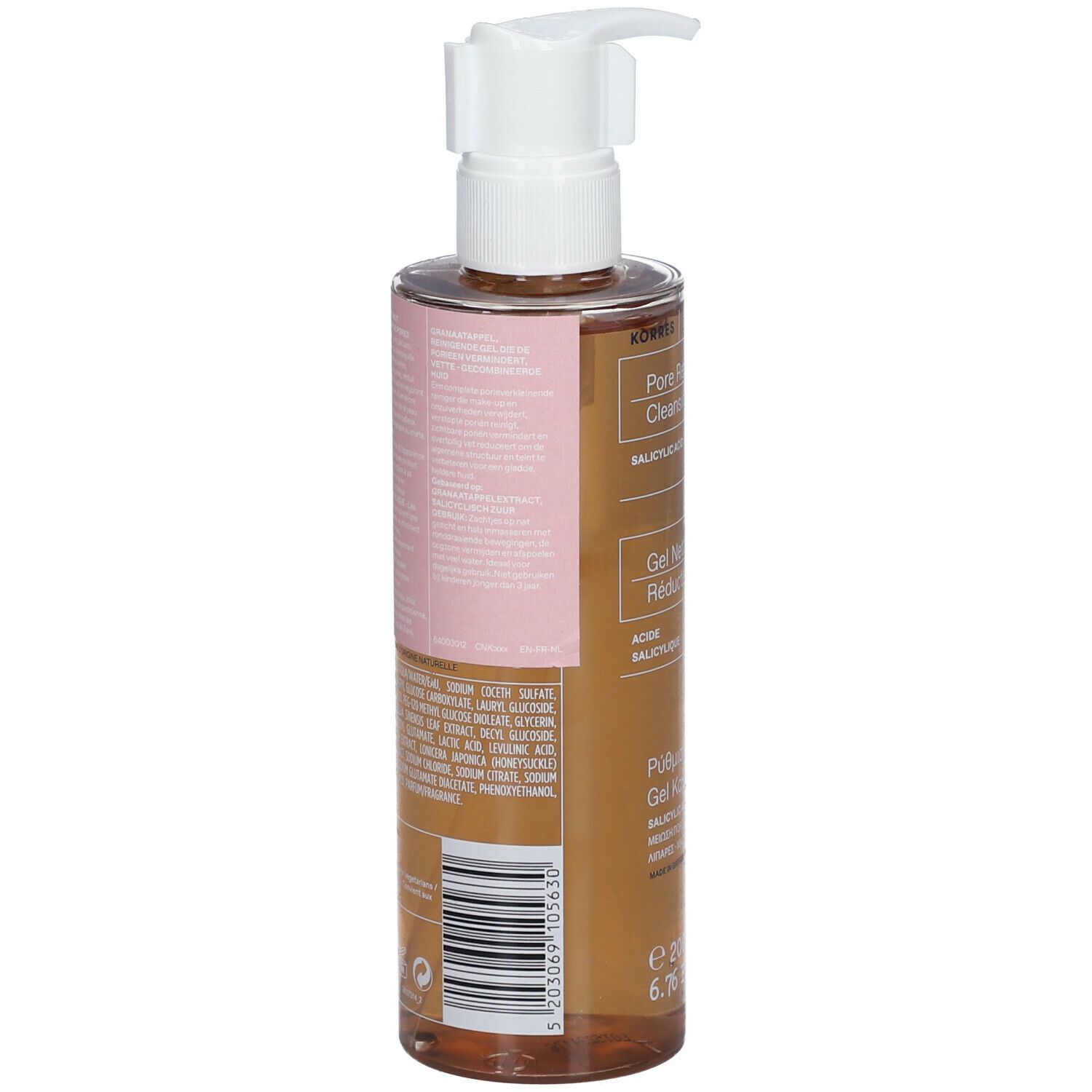 Bruine fles met witte pomp. Achterkant met productinformatie en barcode.