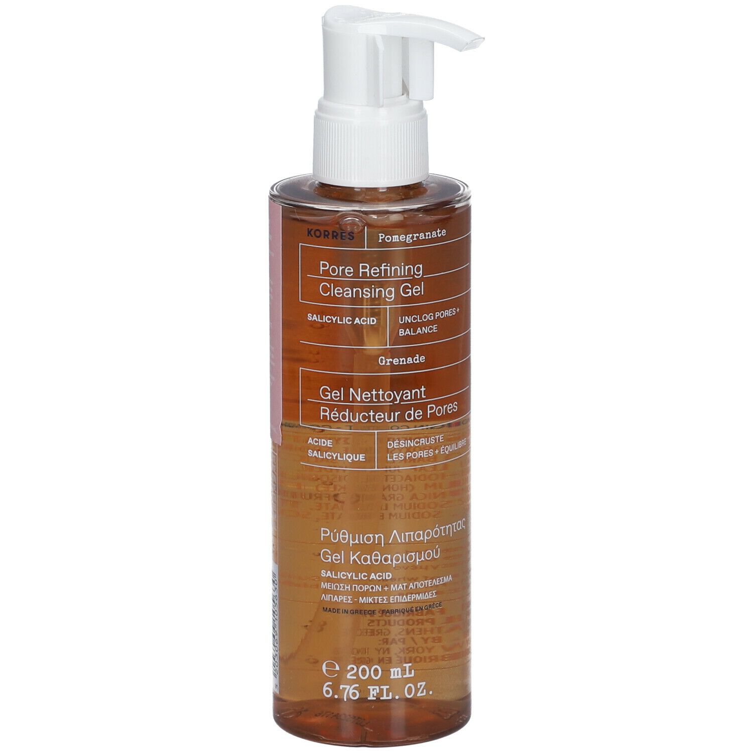 Bruine fles met witte pomp. Opschrift: Pore Refining Cleansing Gel, Grenade, Gel Nettoyant Réducteur de Pores.