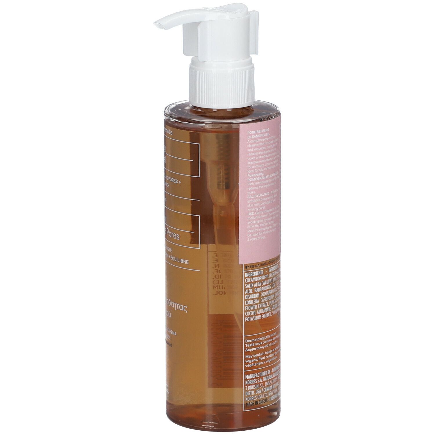 Bruine fles met witte pomp. Achterkant met productinformatie.
