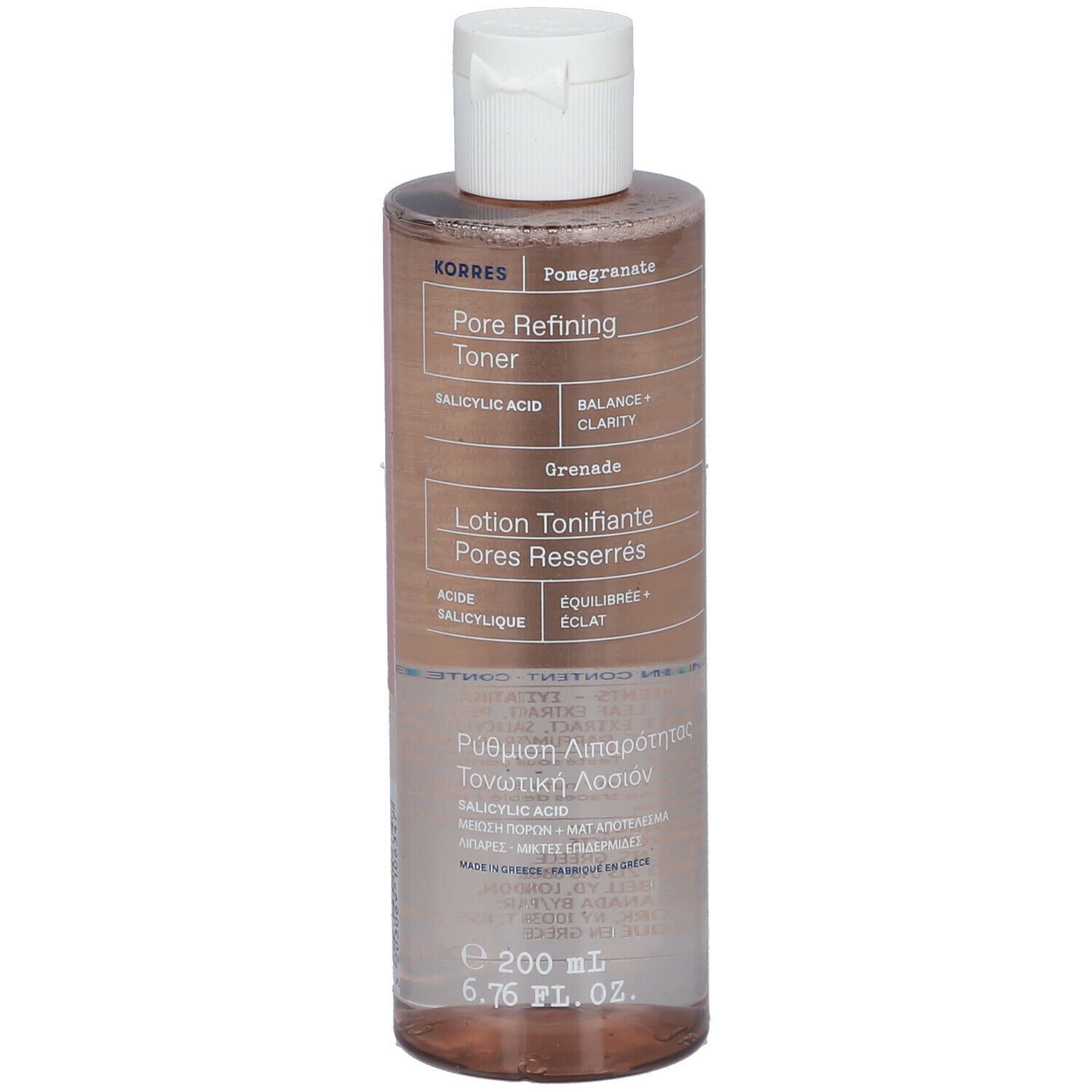 Flacon cylindrique transparent avec bouchon blanc. Étiquette avec nom du produit, ingrédients et marque. Texte multilingue.