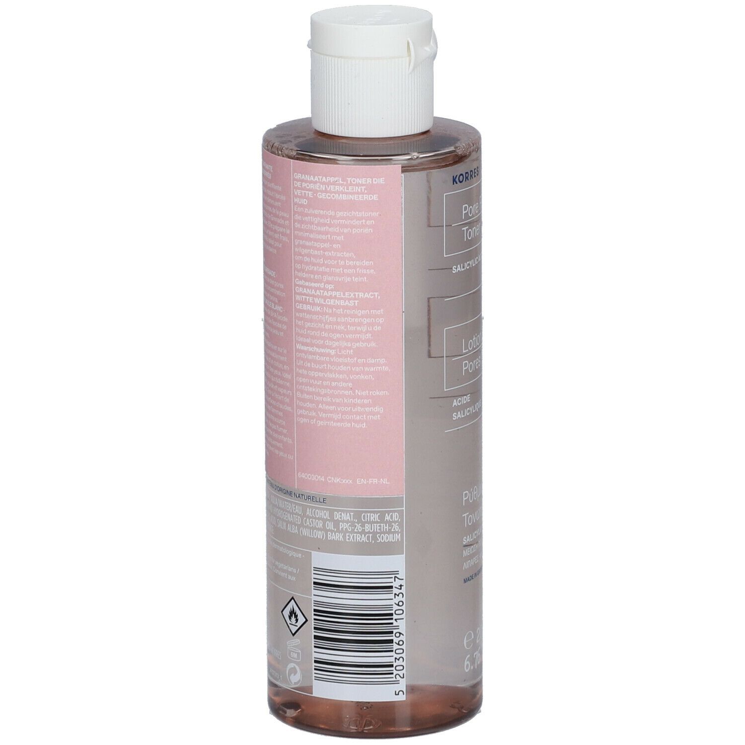 Dos d'un flacon transparent avec bouchon blanc. Étiquette rose avec texte et code-barres. Symbole d'avertissement d'alcool.