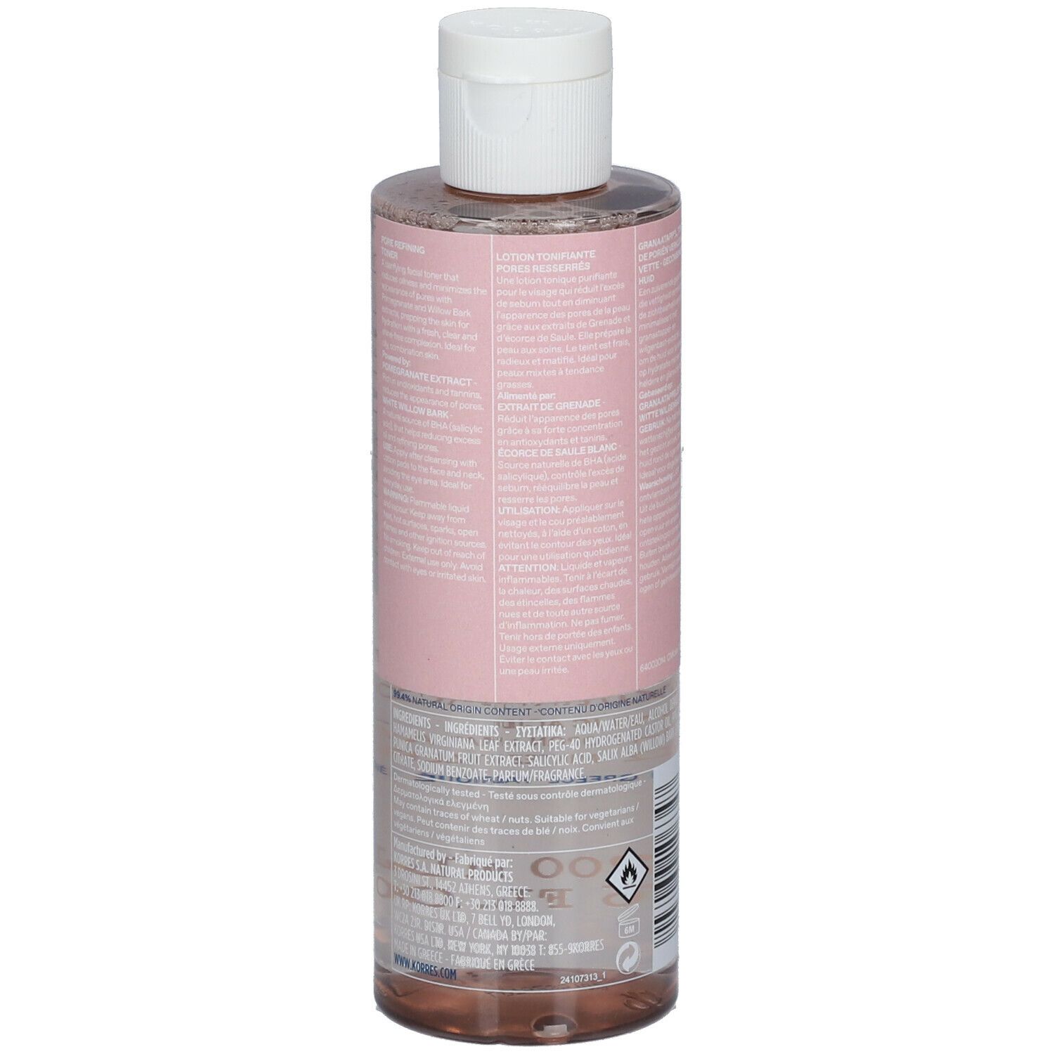Dos d'un flacon transparent avec bouchon blanc. Étiquette rose avec texte et ingrédients. Symboles d'avertissement.