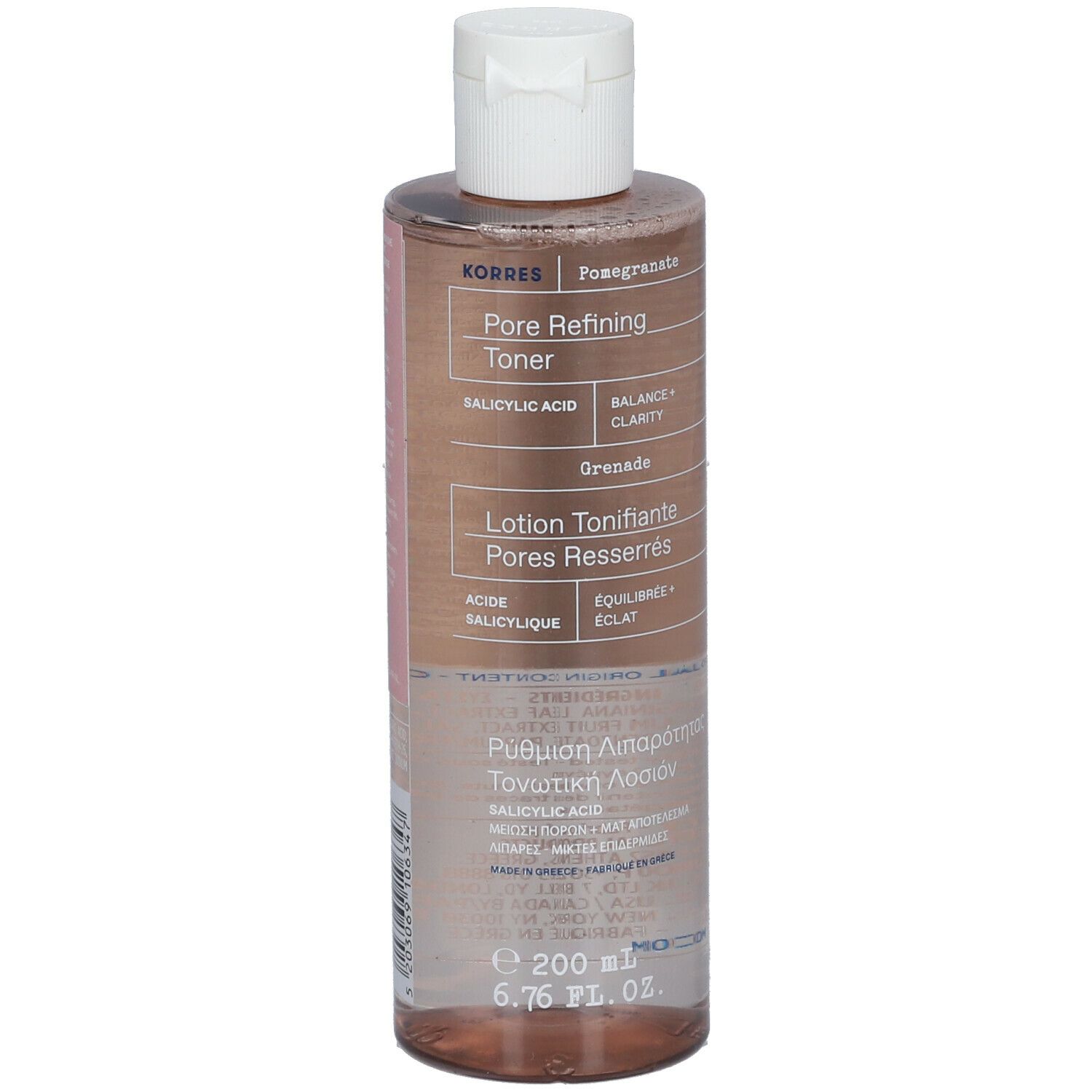 Flacon cylindrique transparent avec bouchon blanc. Étiquette avec nom du produit, ingrédients et marque. Texte multilingue.