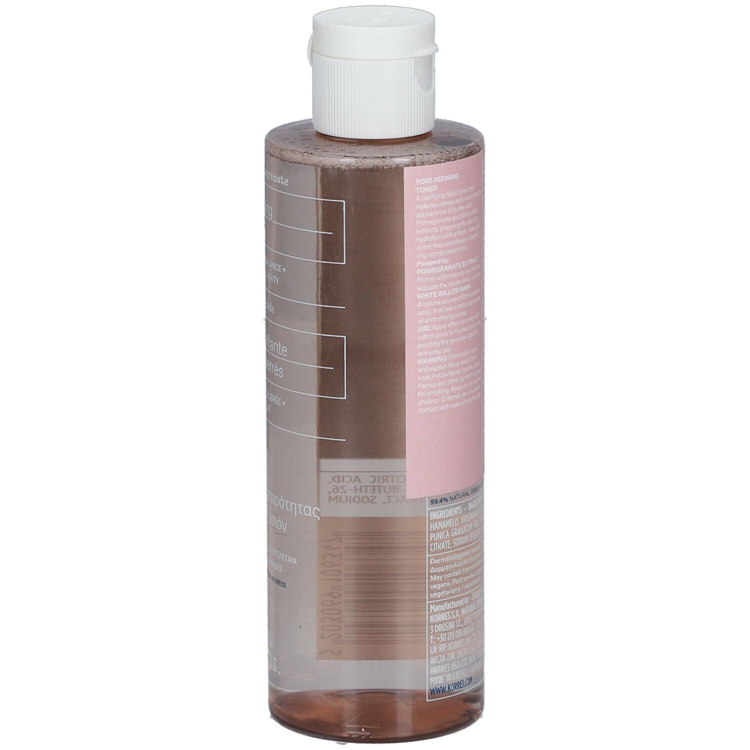Dos d'un flacon transparent avec bouchon blanc. Étiquette rose avec texte et code-barres. Symboles d'avertissement.