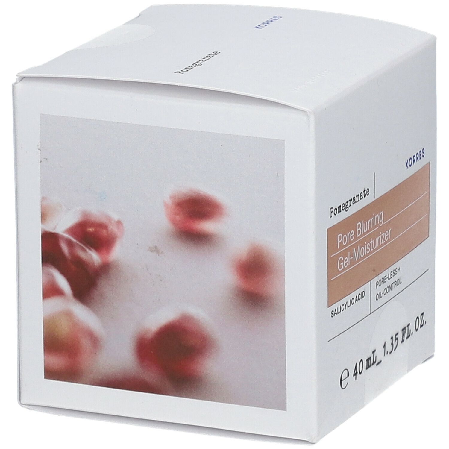 Witte doos met granaatappelontwerp. Tekst: Pomegranate, Pore Blurring Gel-Moisturizer, Salicylic Acid. Merk: Korres. Afbeelding van granaatappelzaden.