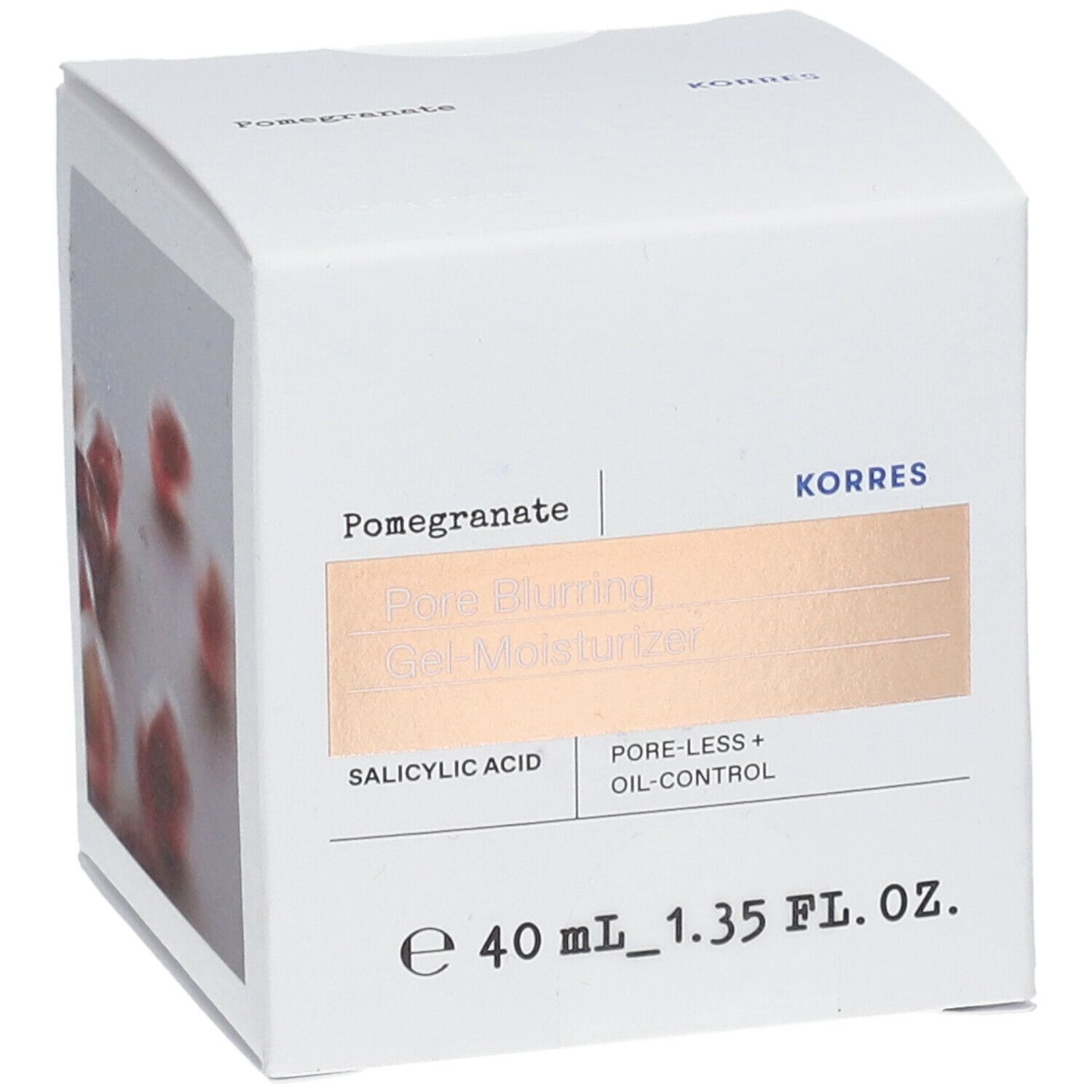 Witte doos met productinformatie. Tekst: Pomegranate, Pore Blurring Gel-Moisturizer, Salicylic Acid, Pore-Less + Oil-Control. Merk: Korres.
