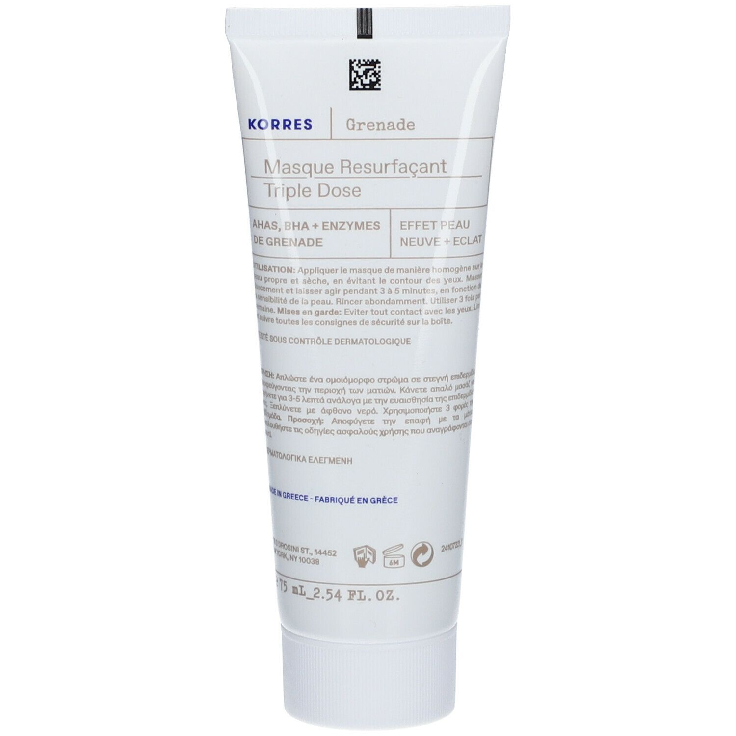 Tube blanc Korres. Texte: Masque Resurfaçant Triple Dose. Ingrédients. Contenance: 2.54 fl. oz. Produit pour le visage.