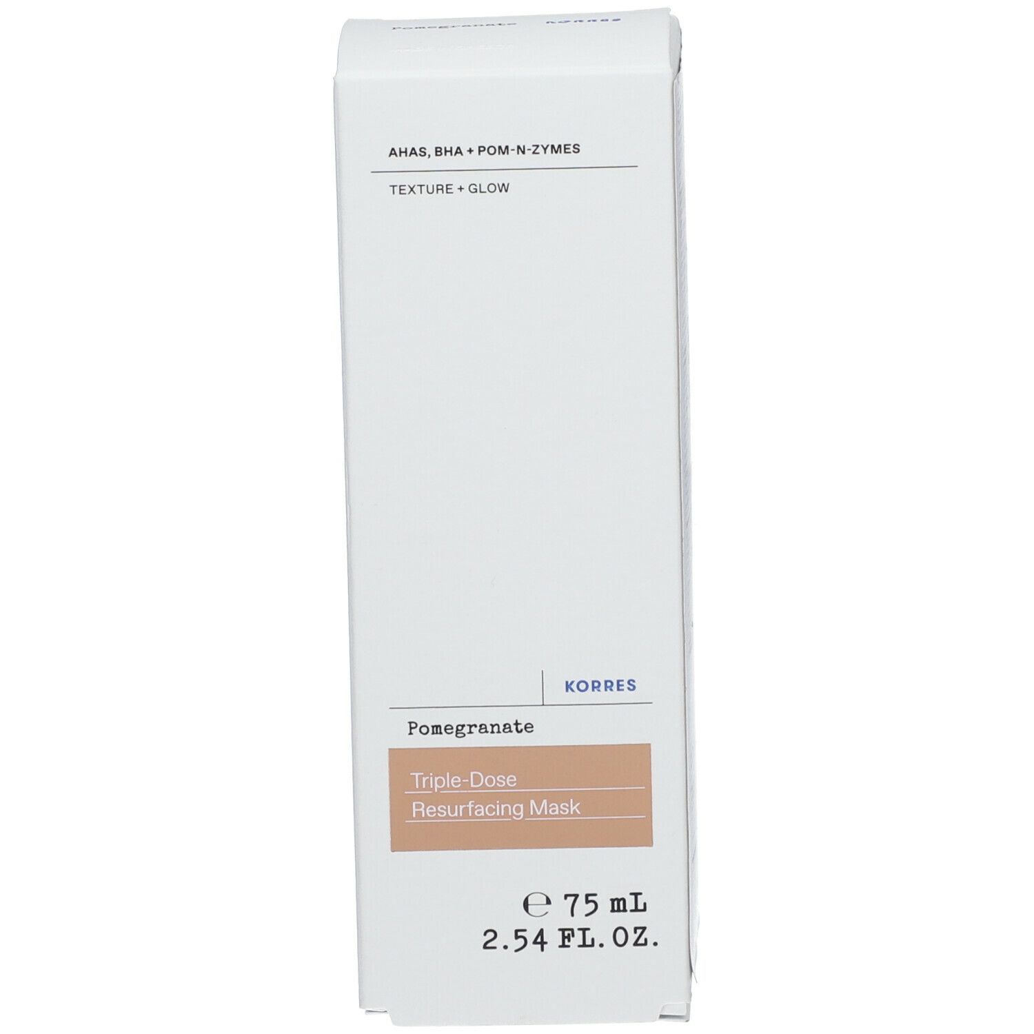 Emballage produit blanc. Marque: Korres. Texte: Triple-Dose Resurfacing Mask. Contenu: 75 ml.