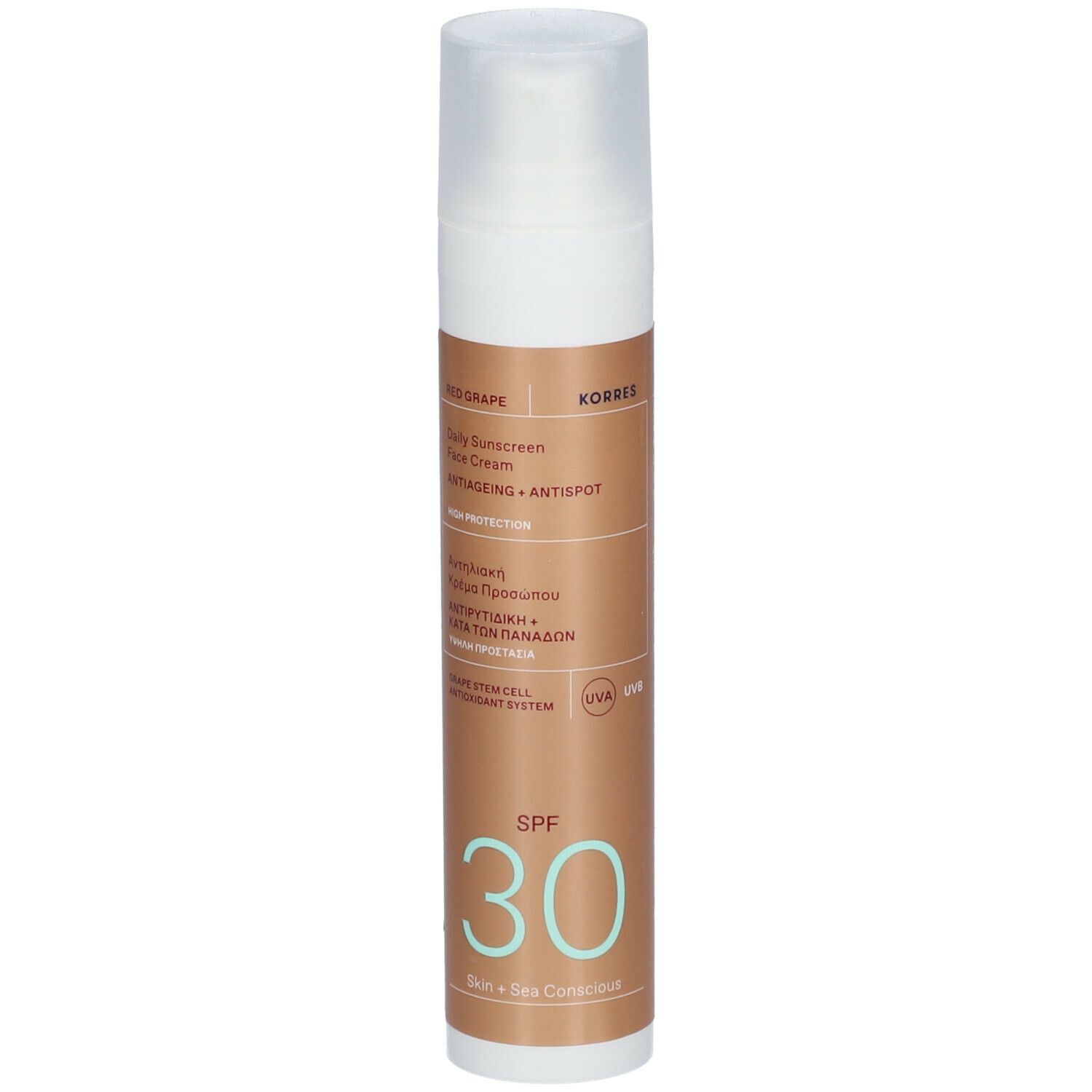 Korres Red Grape zonnecrème. Witte fles met bruin etiket. SPF 30. Productnaam en merk zichtbaar.