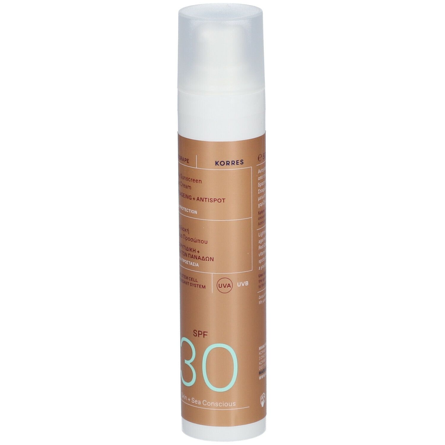 Korres Red Grape zonnecrème. Witte fles met bruin etiket. SPF 30. Productnaam en merk zichtbaar.