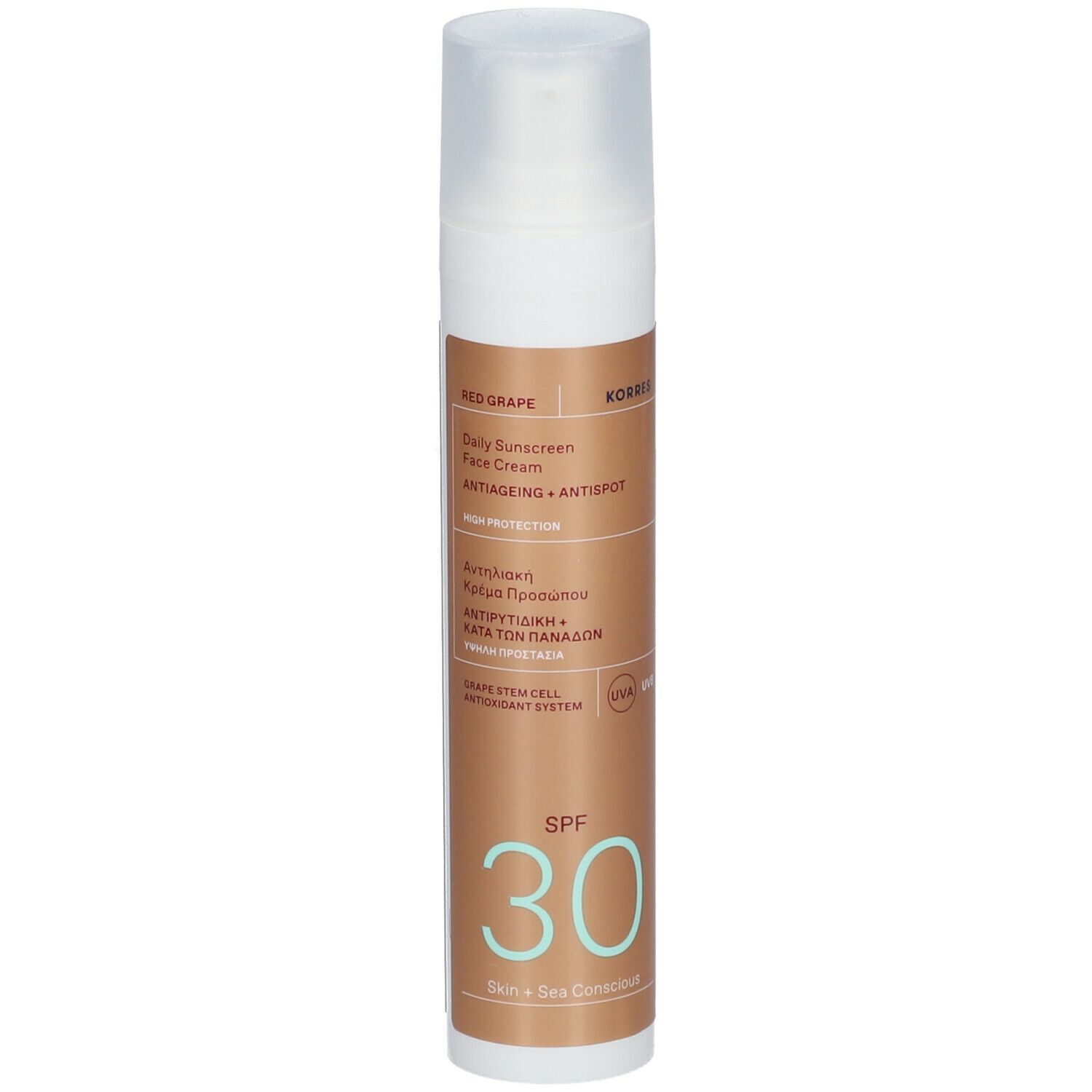 Korres Red Grape zonnecrème. Witte fles met bruin etiket. SPF 30. Productnaam en merk zichtbaar.