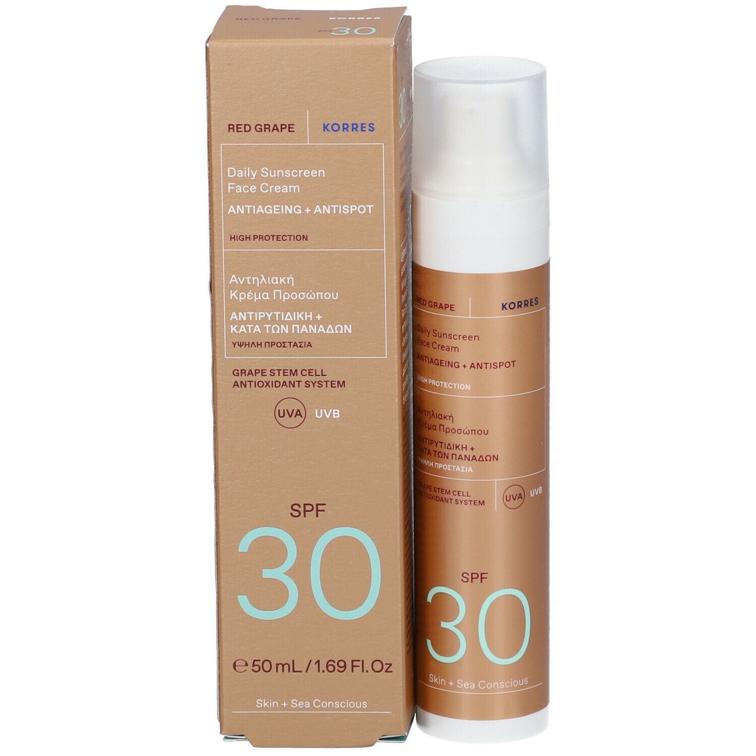 Korres Red Grape zonnecrème en verpakking. Fles en doos. SPF 30. Productnaam en merk zichtbaar.