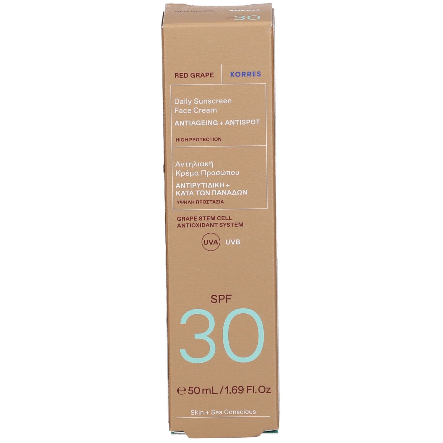 Verpakking Korres Red Grape zonnecrème. Doos met productinfo. SPF 30. Productnaam en merk zichtbaar.