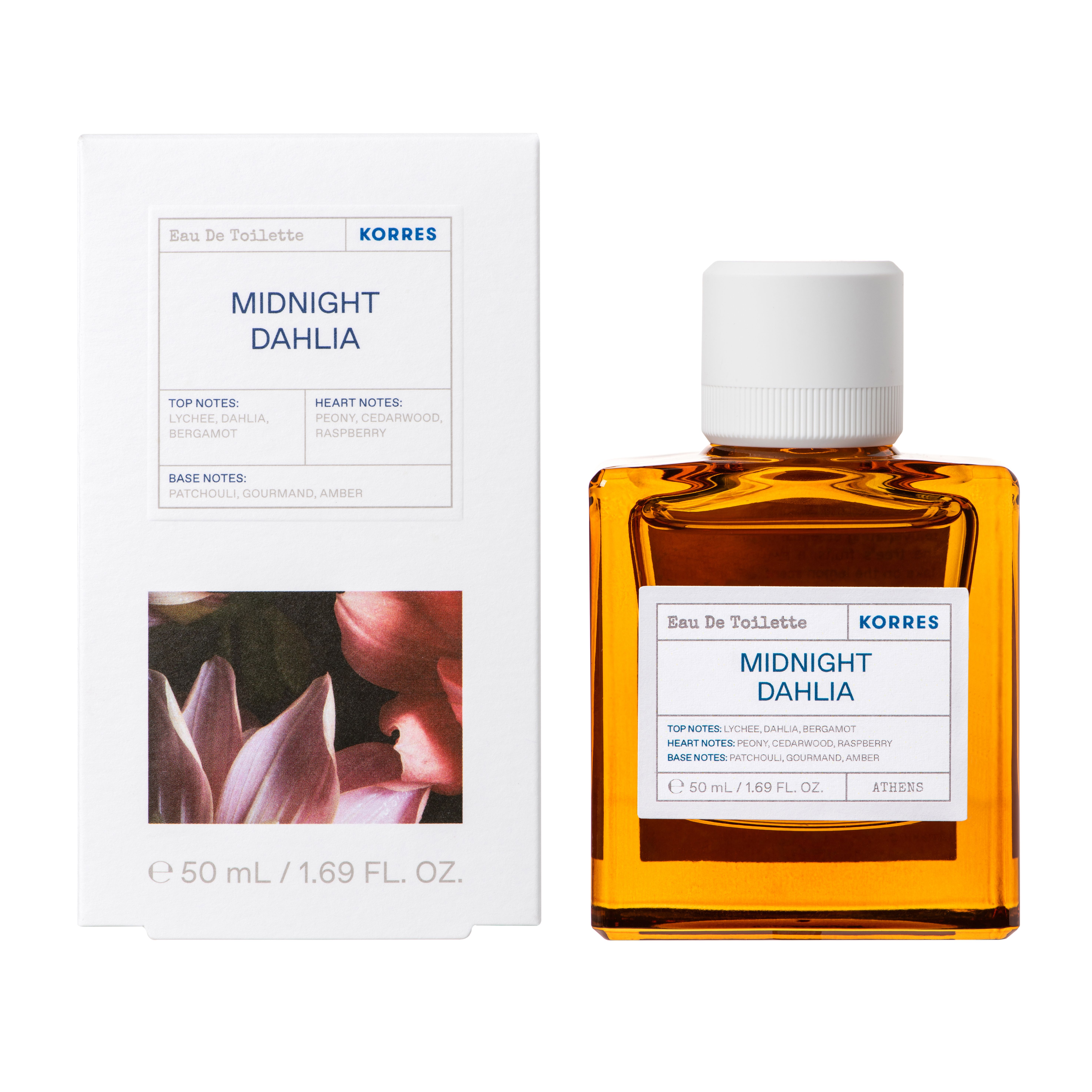 KORRES Midnight Dahlia Eau de Toilette en verpakking. Rechthoekige fles met witte dop. Witte verpakking met productinformatie en bloemenafbeelding.