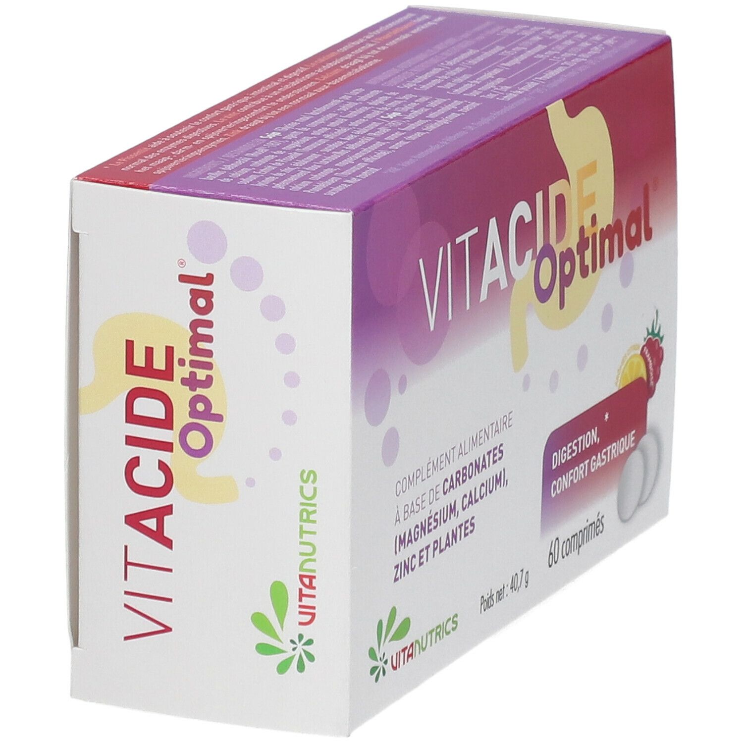 Boîte de VITACIDE Optimal en biais. Contient 60 comprimés. Inscription: Digestion, confort gastrique. Marque: Vitanutrics.