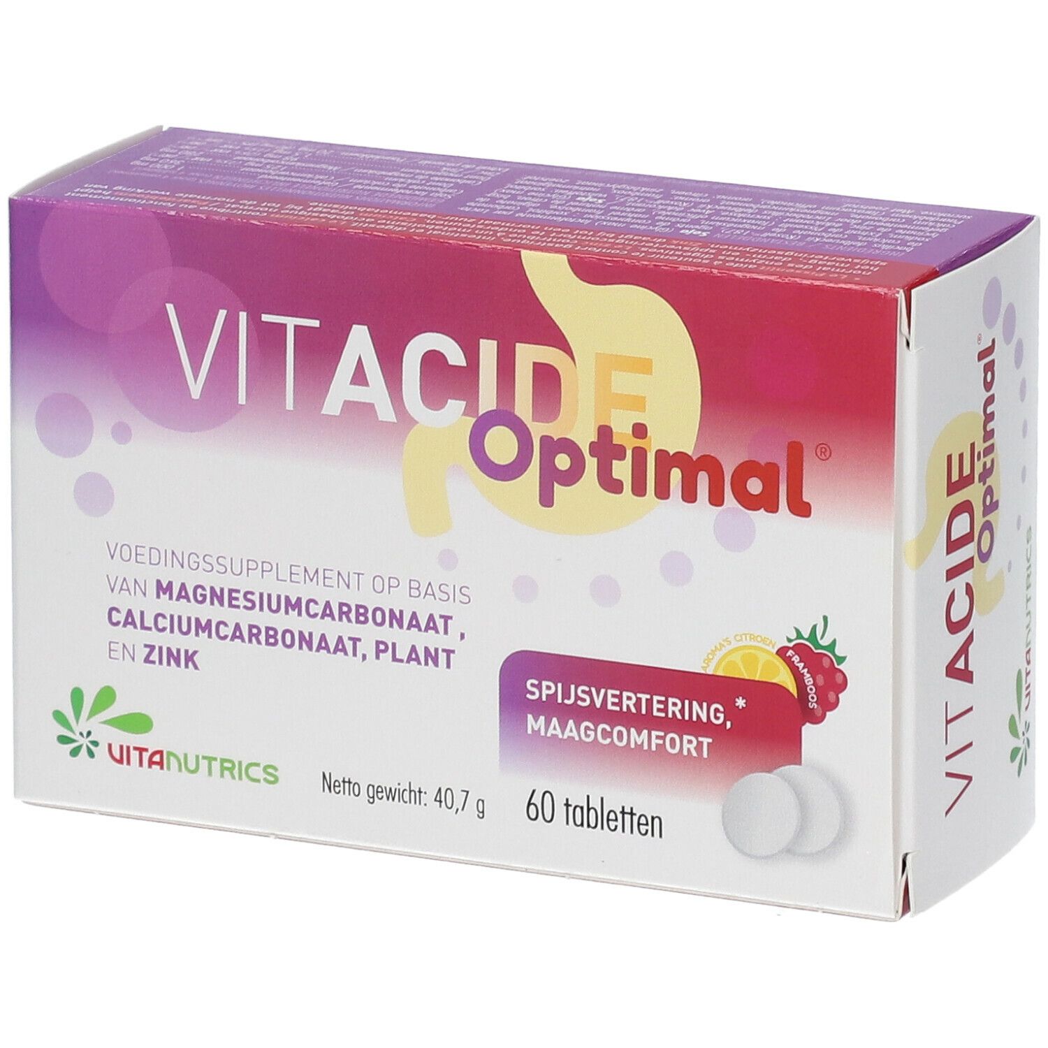 Boîte de VITACIDE Optimal. Contient 60 comprimés. Inscription: Spijsvertering, maagcomfort. Marque: Vitanutrics.