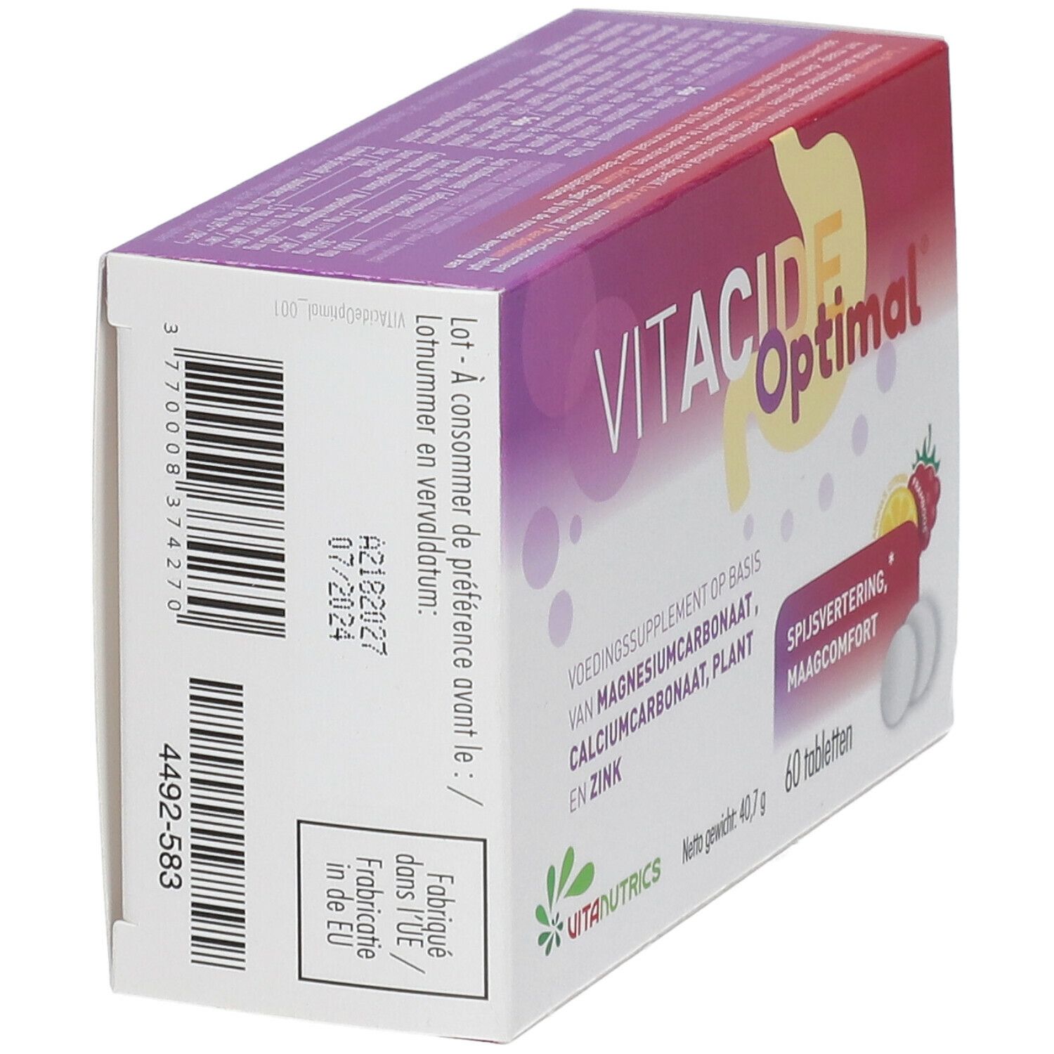 Dos de la boîte de VITACIDE Optimal. Contient 60 comprimés. Inscription: Spijsvertering, maagcomfort. Fabriqué en UE.