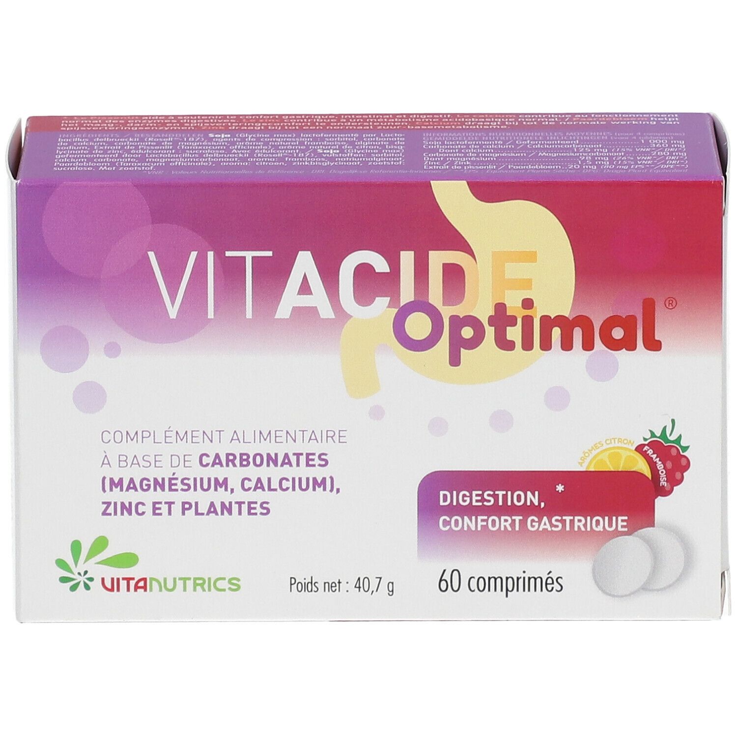 Boîte de VITACIDE Optimal. Contient 60 comprimés. Inscription: Digestion, confort gastrique. Marque: Vitanutrics.