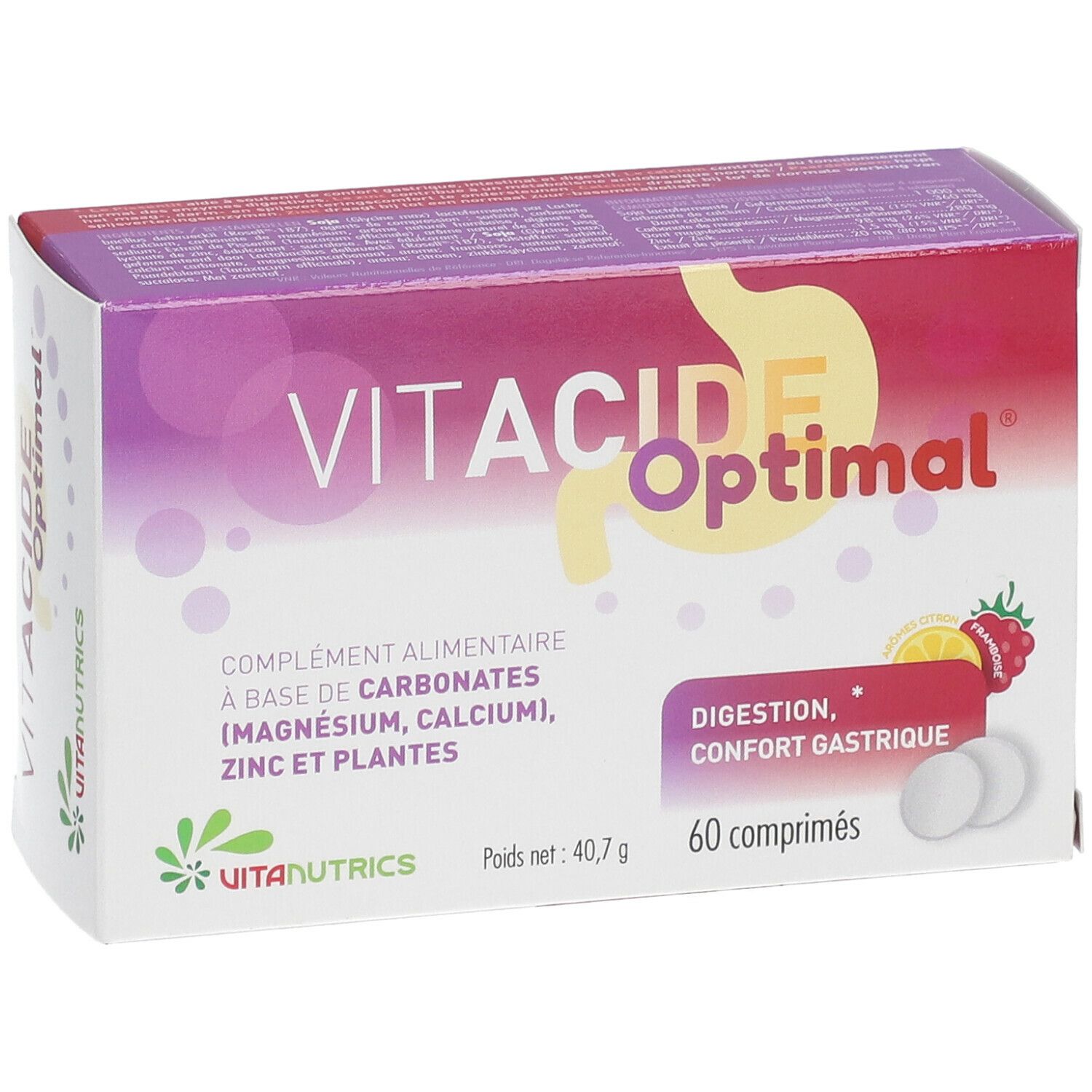 Boîte de VITACIDE Optimal. Contient 60 comprimés. Inscription: Digestion, confort gastrique. Marque: Vitanutrics.