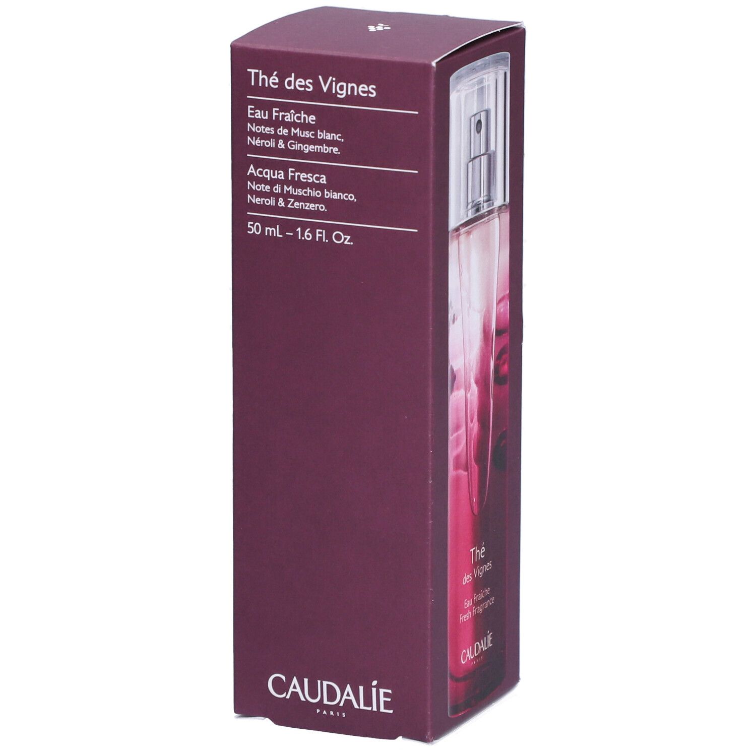 Produktverpackung mit Flakon. Aufschrift: Thé des Vignes, Caudalie. Flakon in transparenter Verpackung. Lila Verpackung.