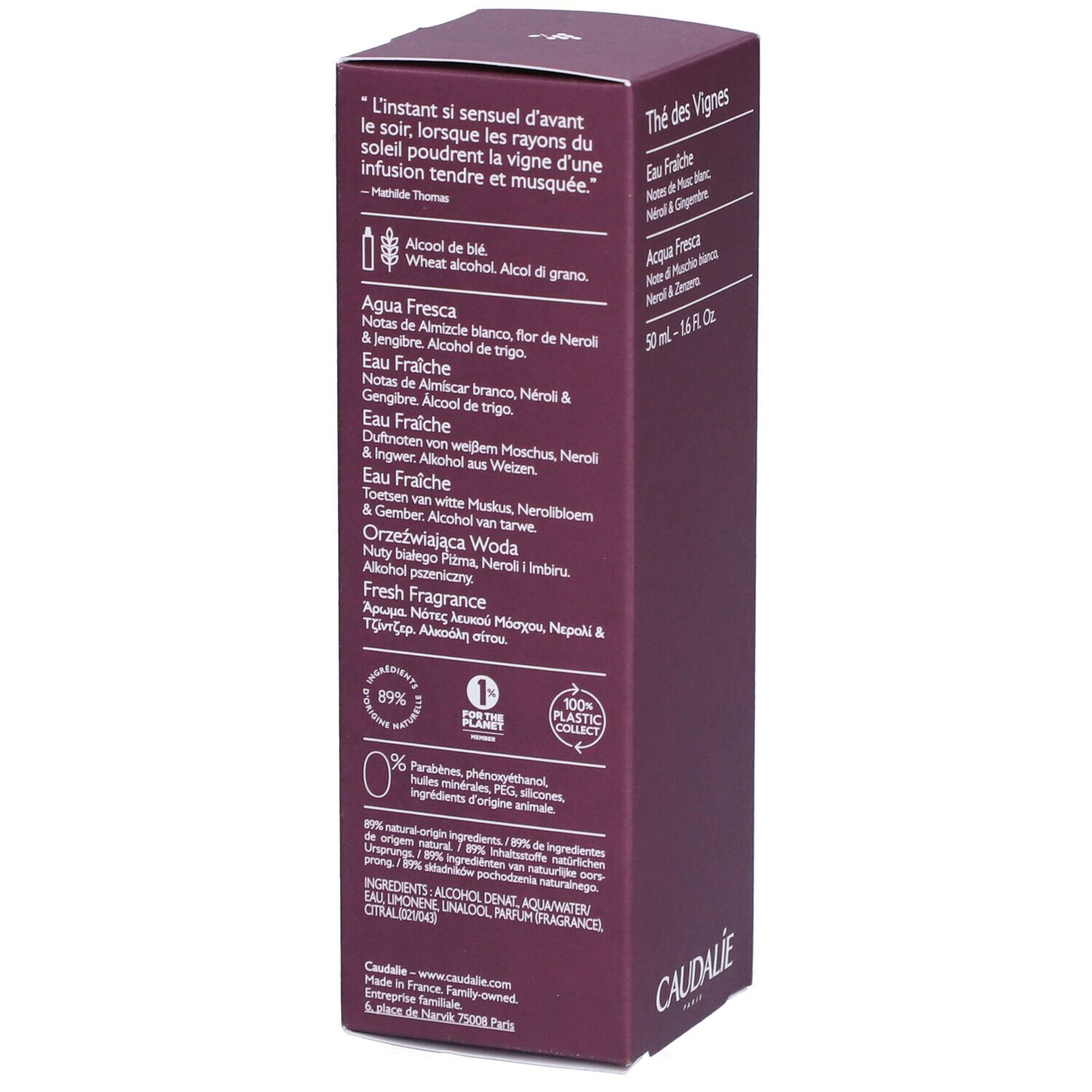 Produktverpackung mit Text. Aufschrift: Thé des Vignes, Caudalie. Text in mehreren Sprachen. Logos für Nachhaltigkeit.