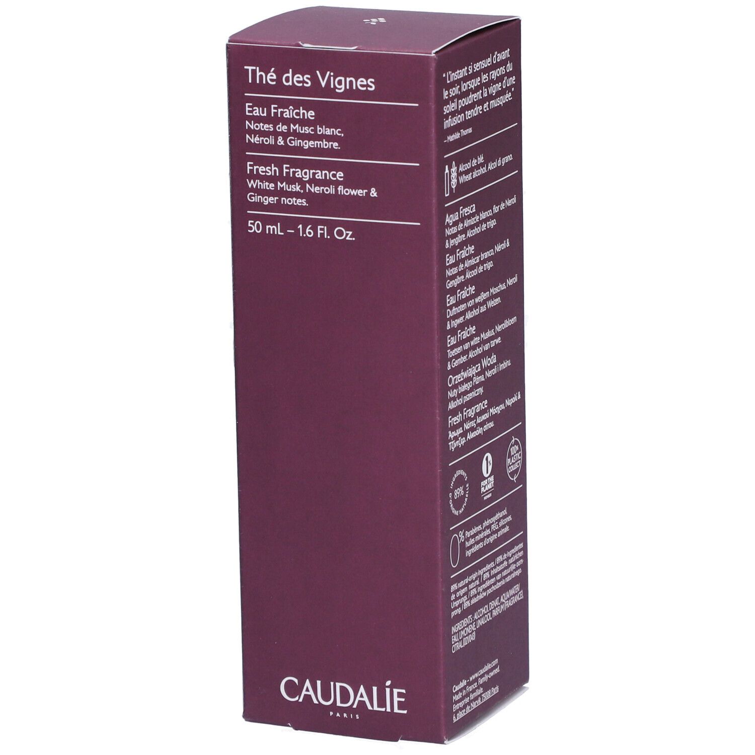 Produktverpackung mit Text. Aufschrift: Thé des Vignes, Caudalie. Text in mehreren Sprachen. Logos für Nachhaltigkeit.