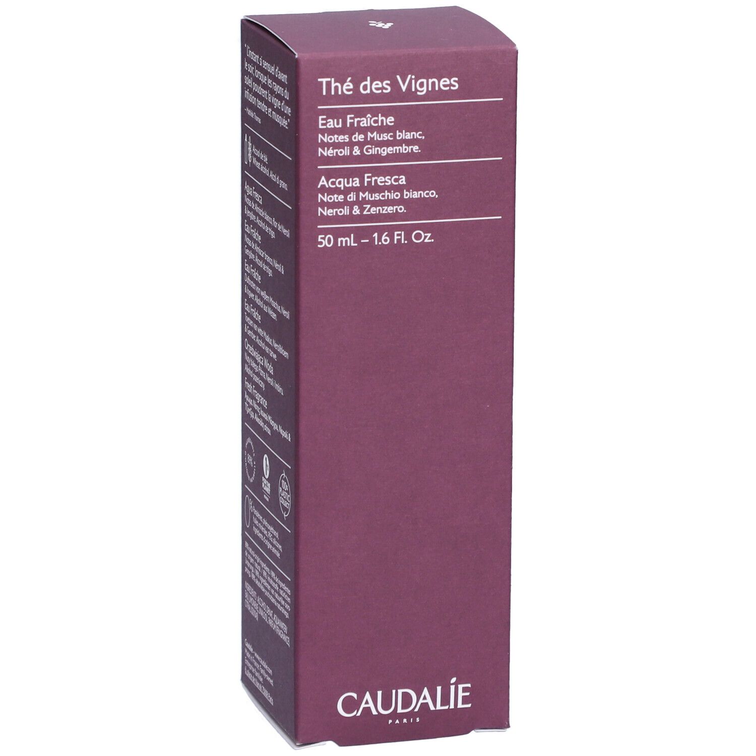 Produktverpackung. Aufschrift: Thé des Vignes, Caudalie. Text in mehreren Sprachen. Lila Verpackung.