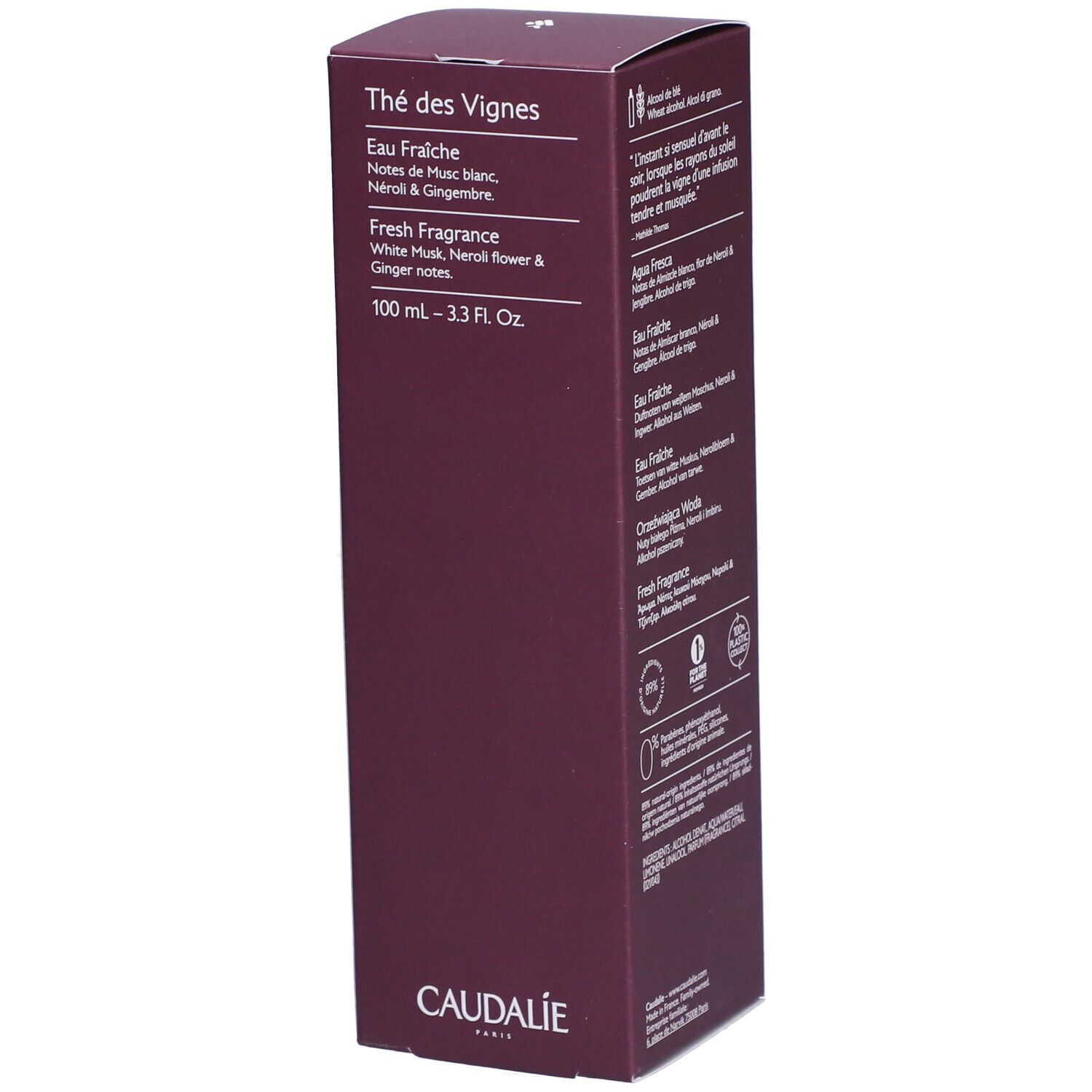 Caudalie The des Vignes Fresh Fragrance. Rechteckige, auberginefarbene Schachtel. Text: Eau Fraîche, White Musk, Neroli & Ginger notes.