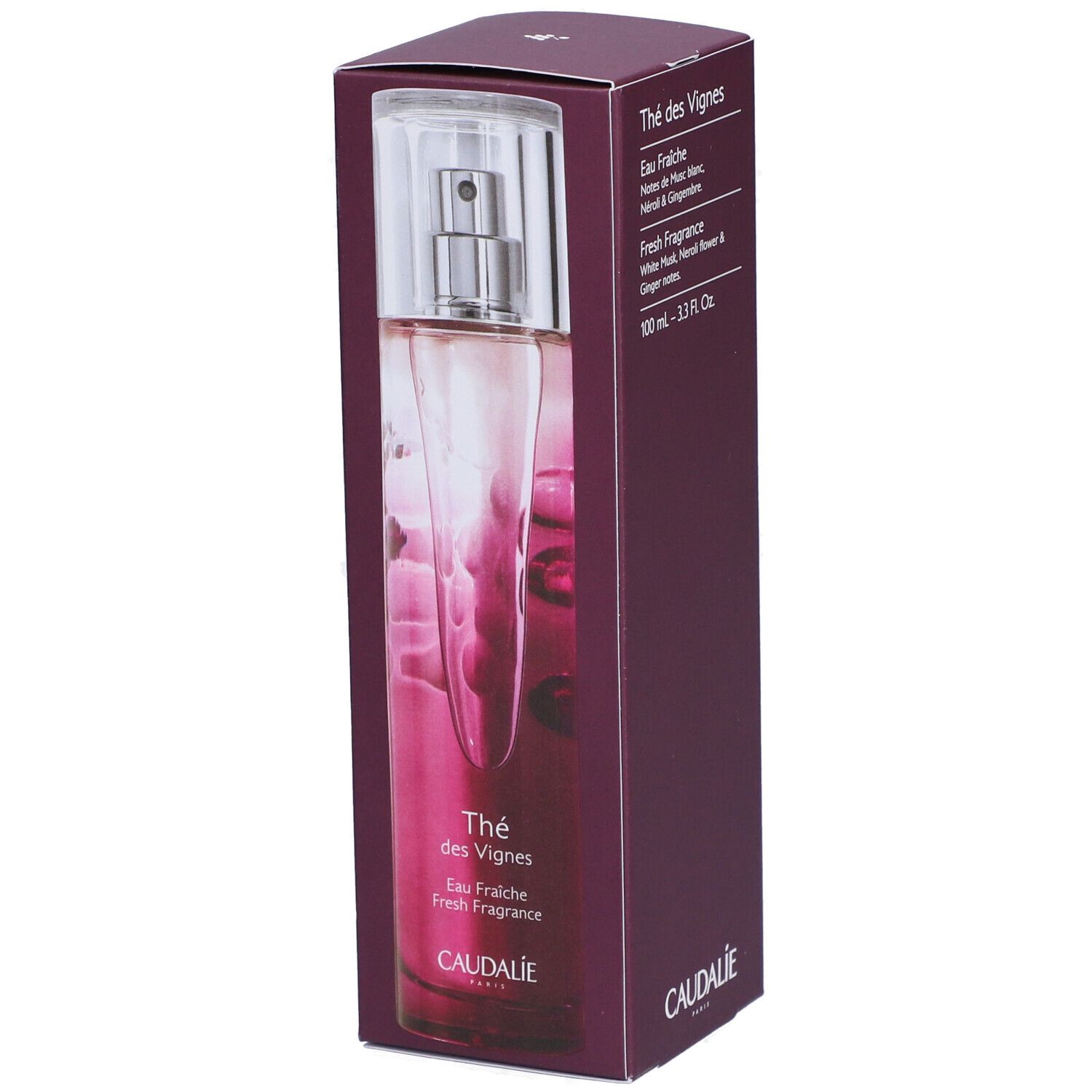Caudalie The des Vignes Fresh Fragrance in Schachtel. Flakon mit Zerstäuber. Text: Eau Fraîche, White Musk, Neroli & Ginger notes. 100 ml.