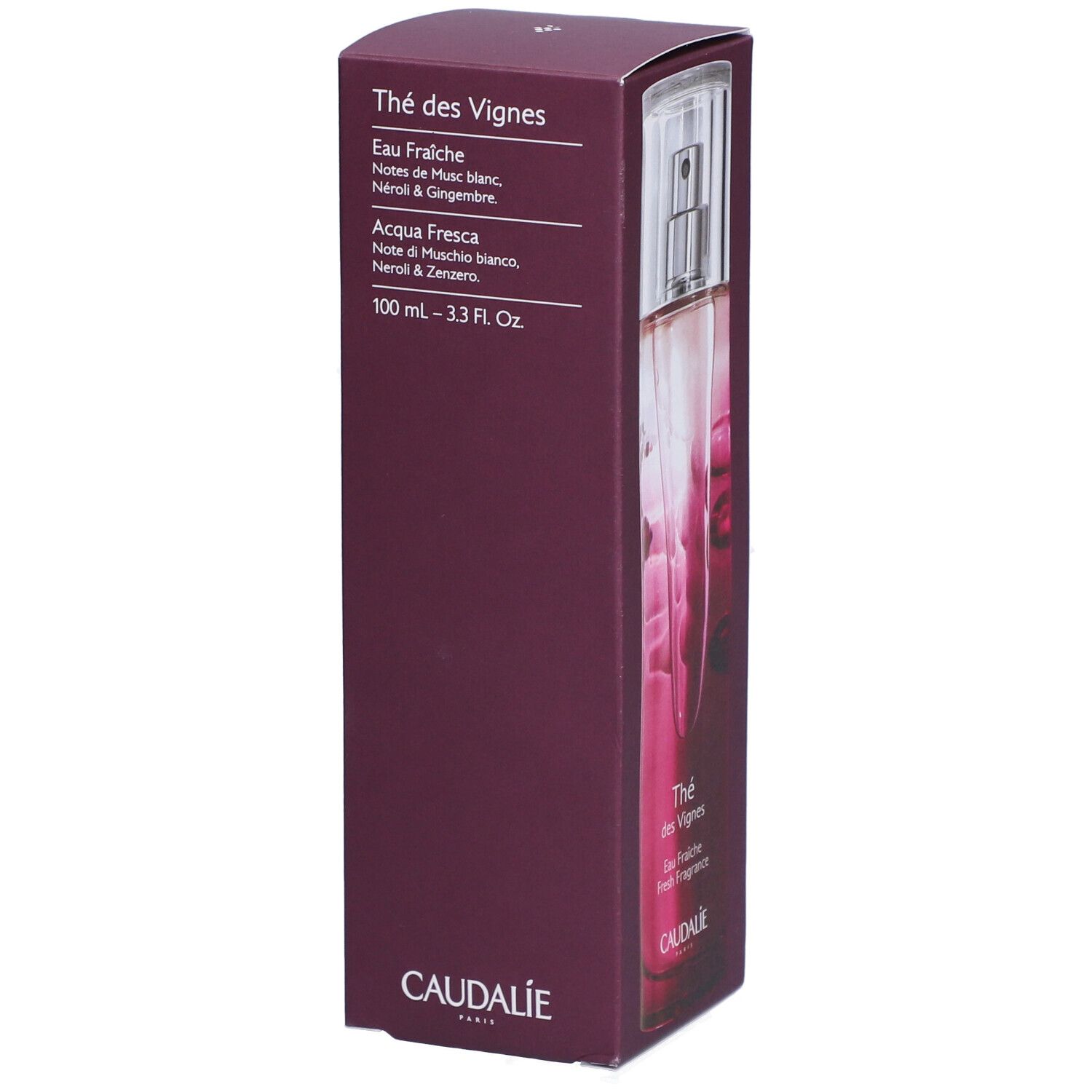 Caudalie The des Vignes Fresh Fragrance in Schachtel. Text: Eau Fraîche, White Musk, Neroli & Ginger notes. 100 ml. Marke Caudalie.