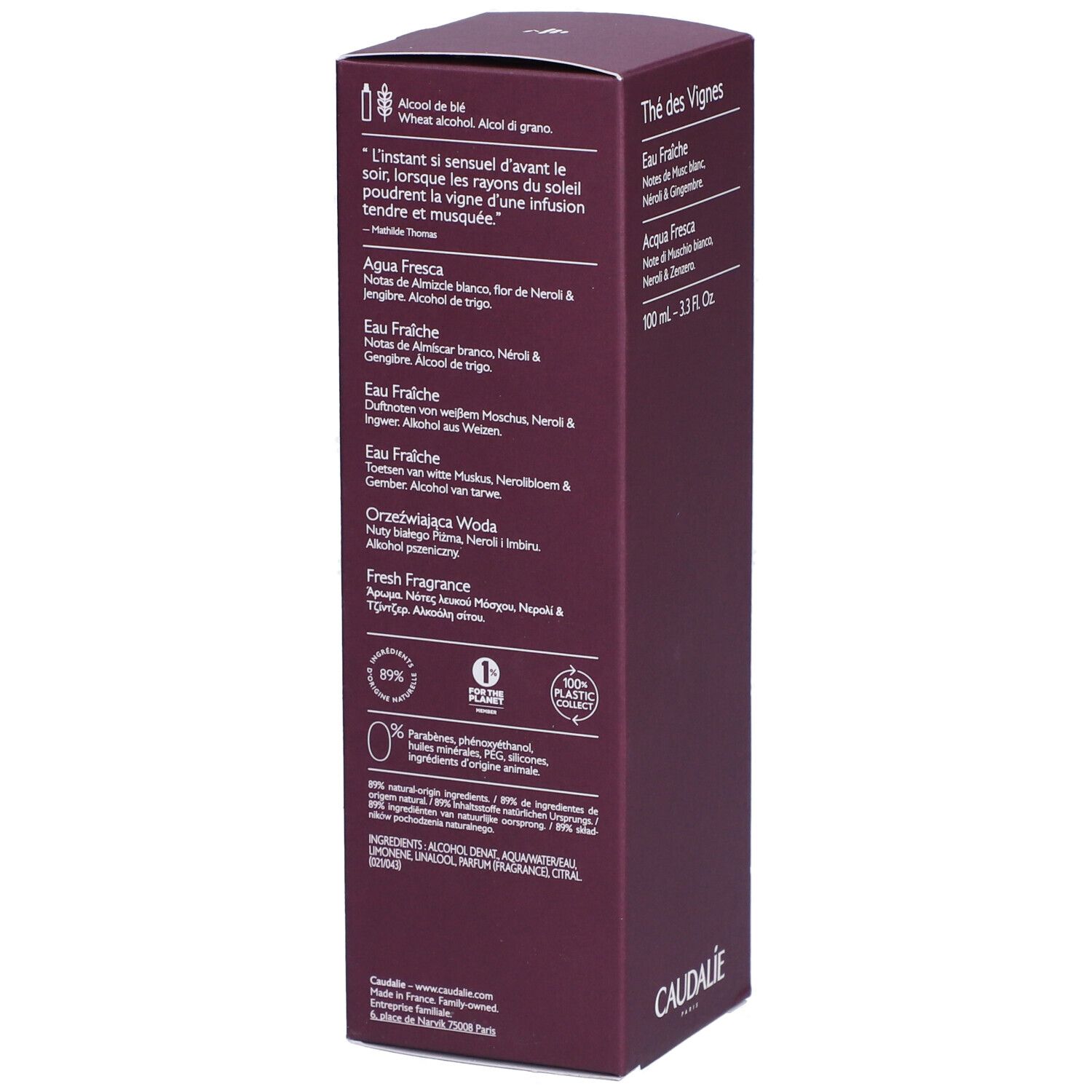 Rückseite der auberginefarbenen Schachtel Caudalie The des Vignes Fresh Fragrance. Text in mehreren Sprachen. Marke Caudalie.